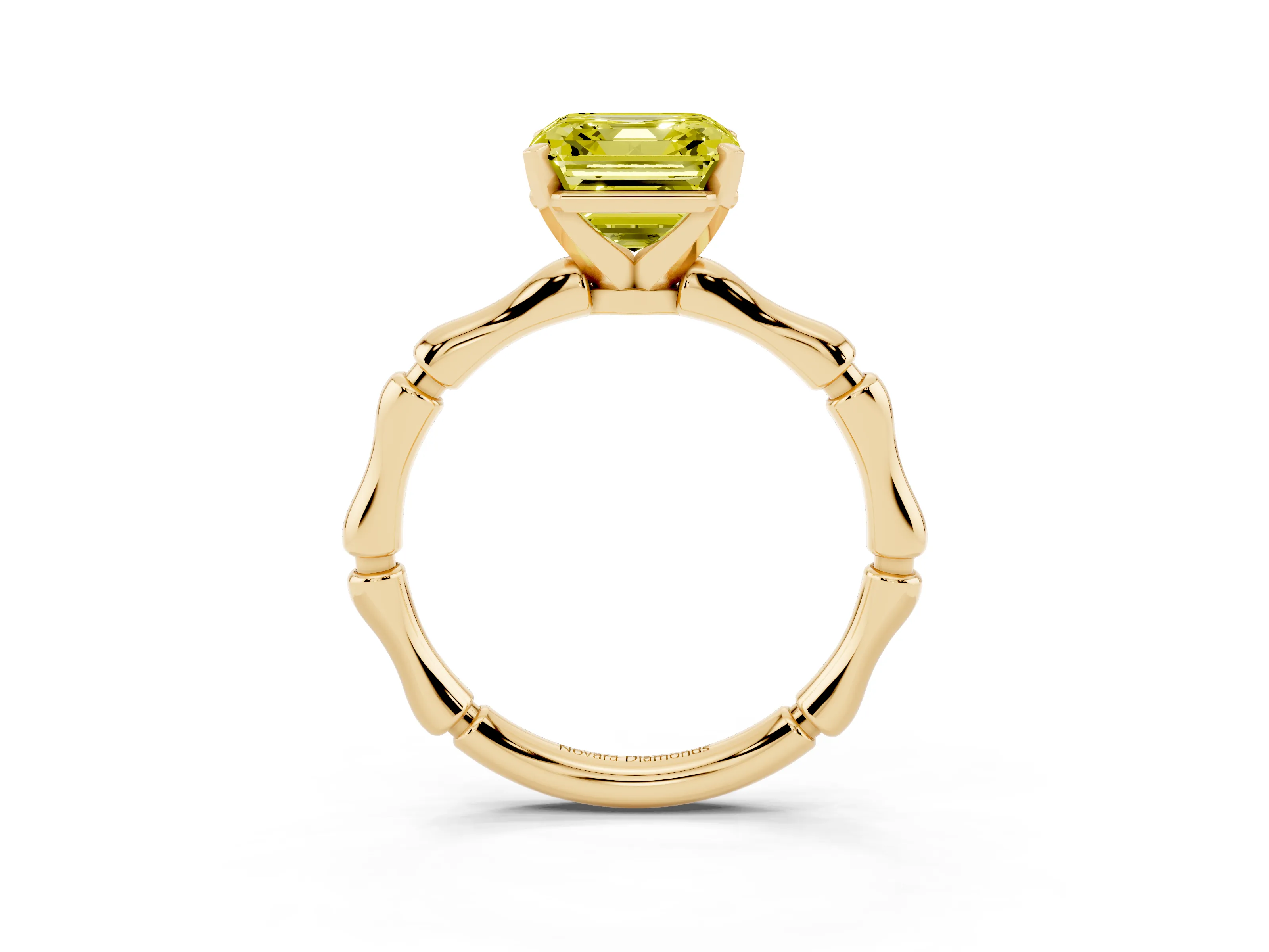 Fancy Yellow Asscher Cut Diamond Solitaire Ring Set in Yellow gold with Bamboo Band and Prong Setting