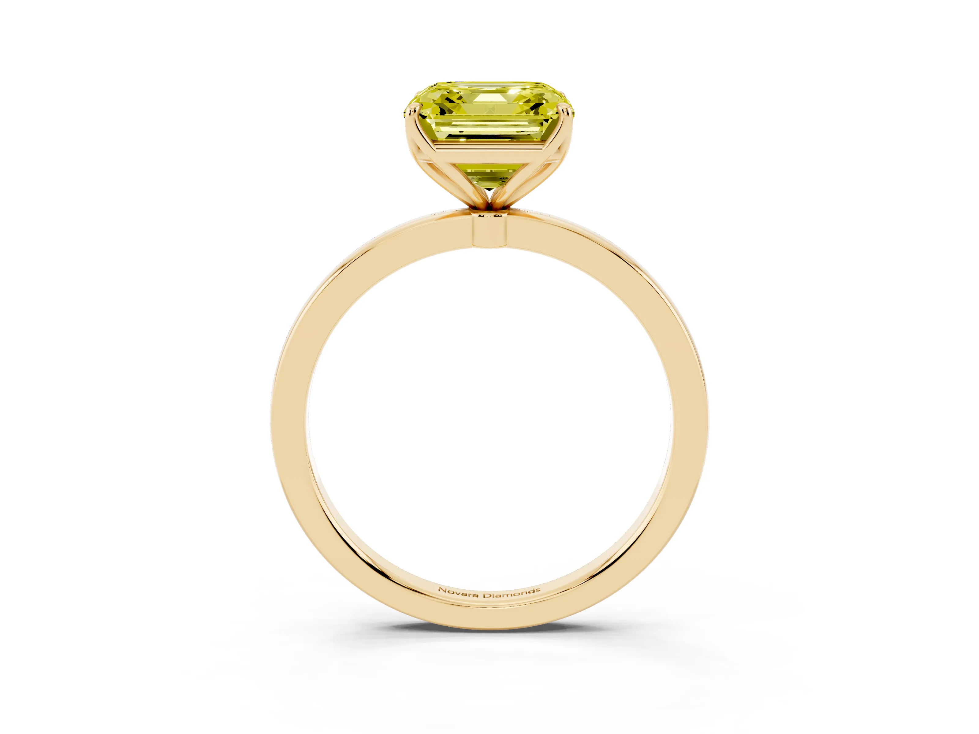Fancy Yellow Asscher Cut Diamond Solitaire Ring Set in Yellow gold with Prong Setting and Thin Polished Band