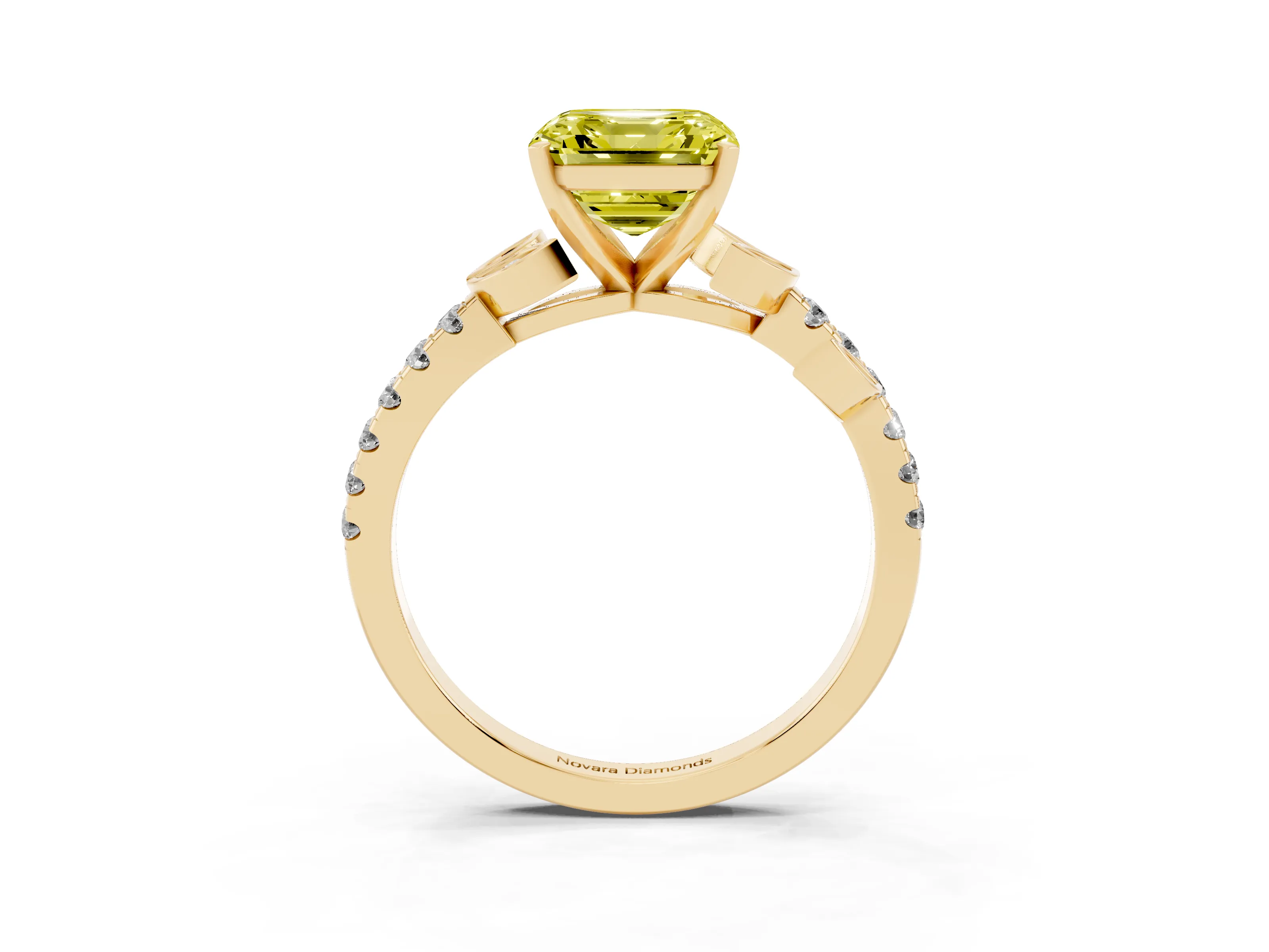 Fancy Yellow Asscher Cut Diamond Solitaire Leaf-Inspired Ring Set in Yellow gold with Pavé Band and Prong Setting