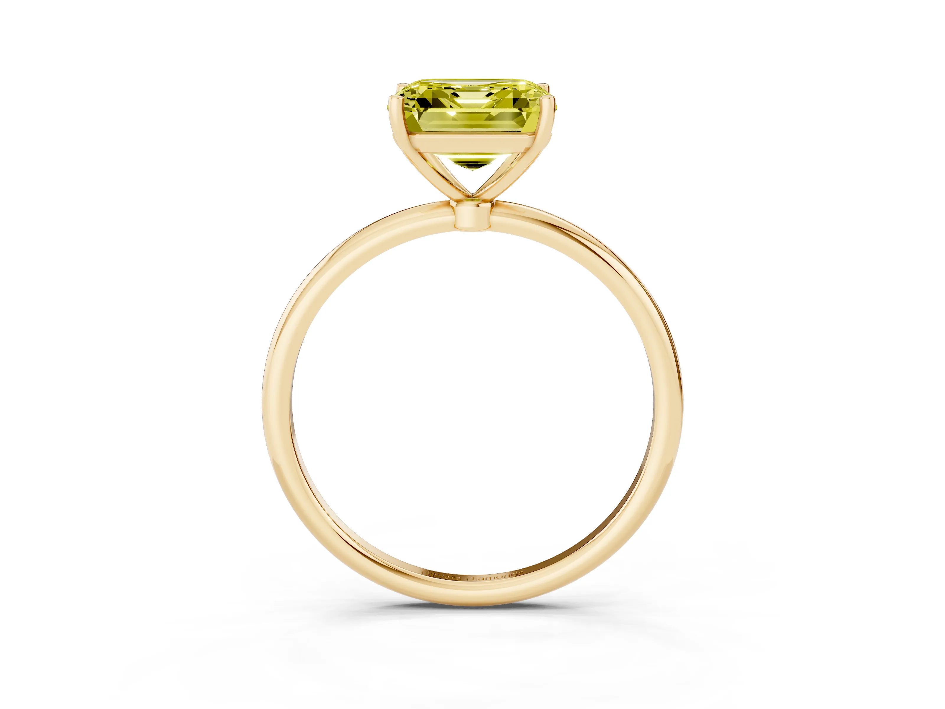 Fancy Yellow Asscher Cut Diamond Solitaire Engagement Ring Set in Yellow gold with Thin Band and Prong Setting