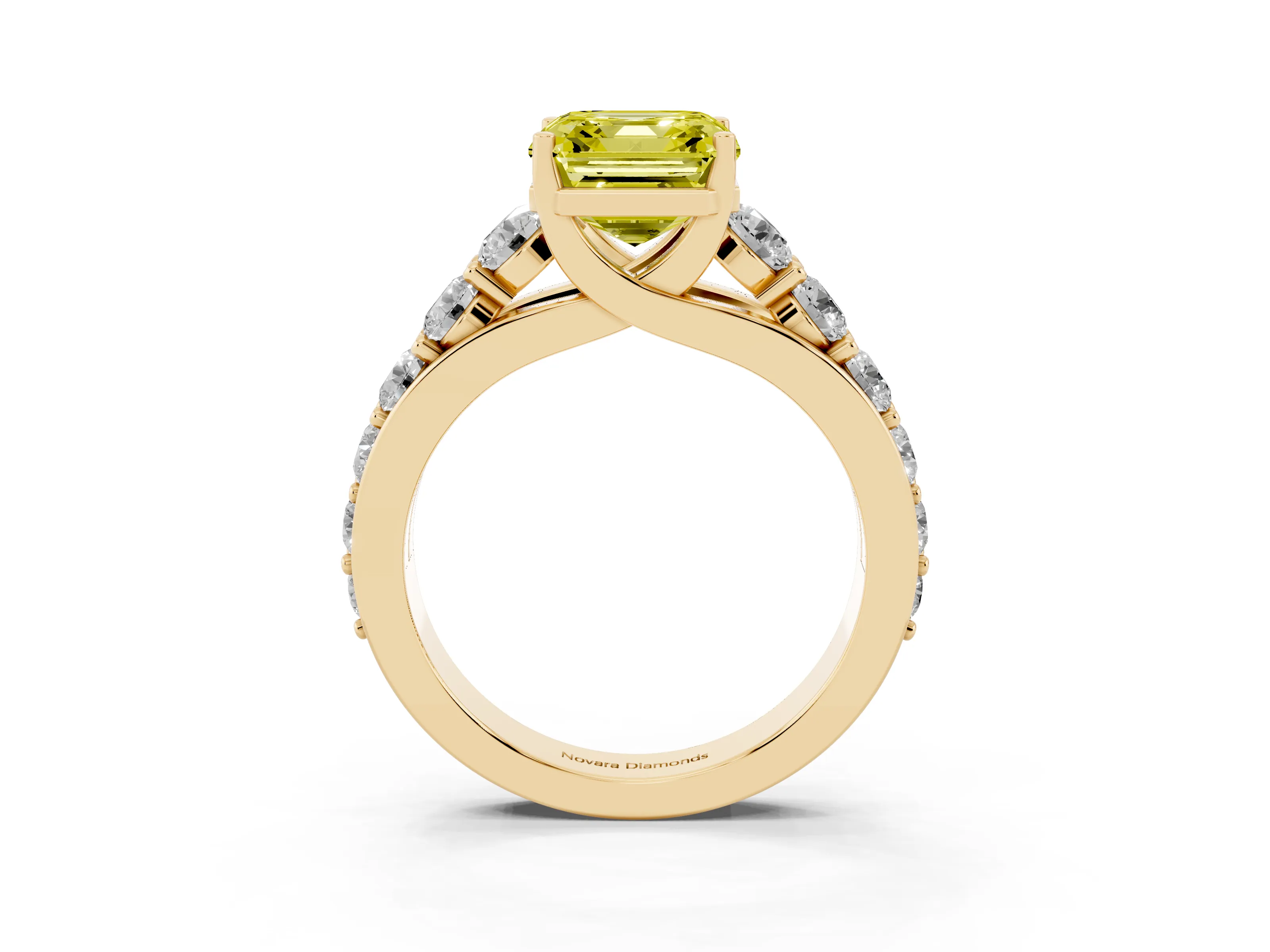 Fancy Yellow Asscher Cut Diamond Pavé Engagement Ring Set in Yellow gold with Prong Setting