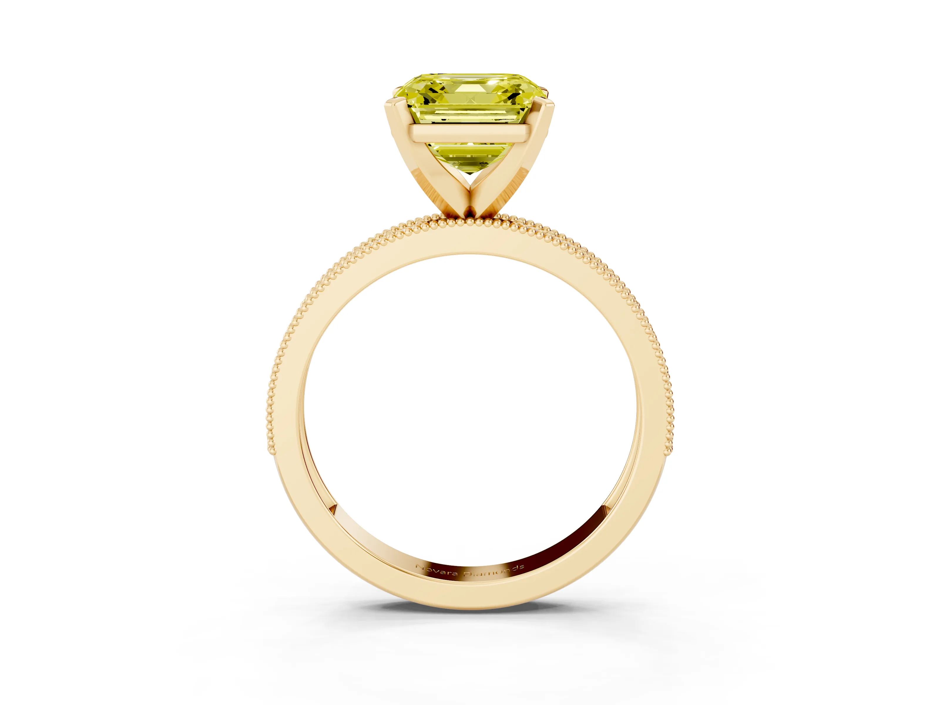Fancy Yellow Asscher Cut Diamond Milgrain Pavé Engagement Ring Set in Yellow gold with Prong Setting