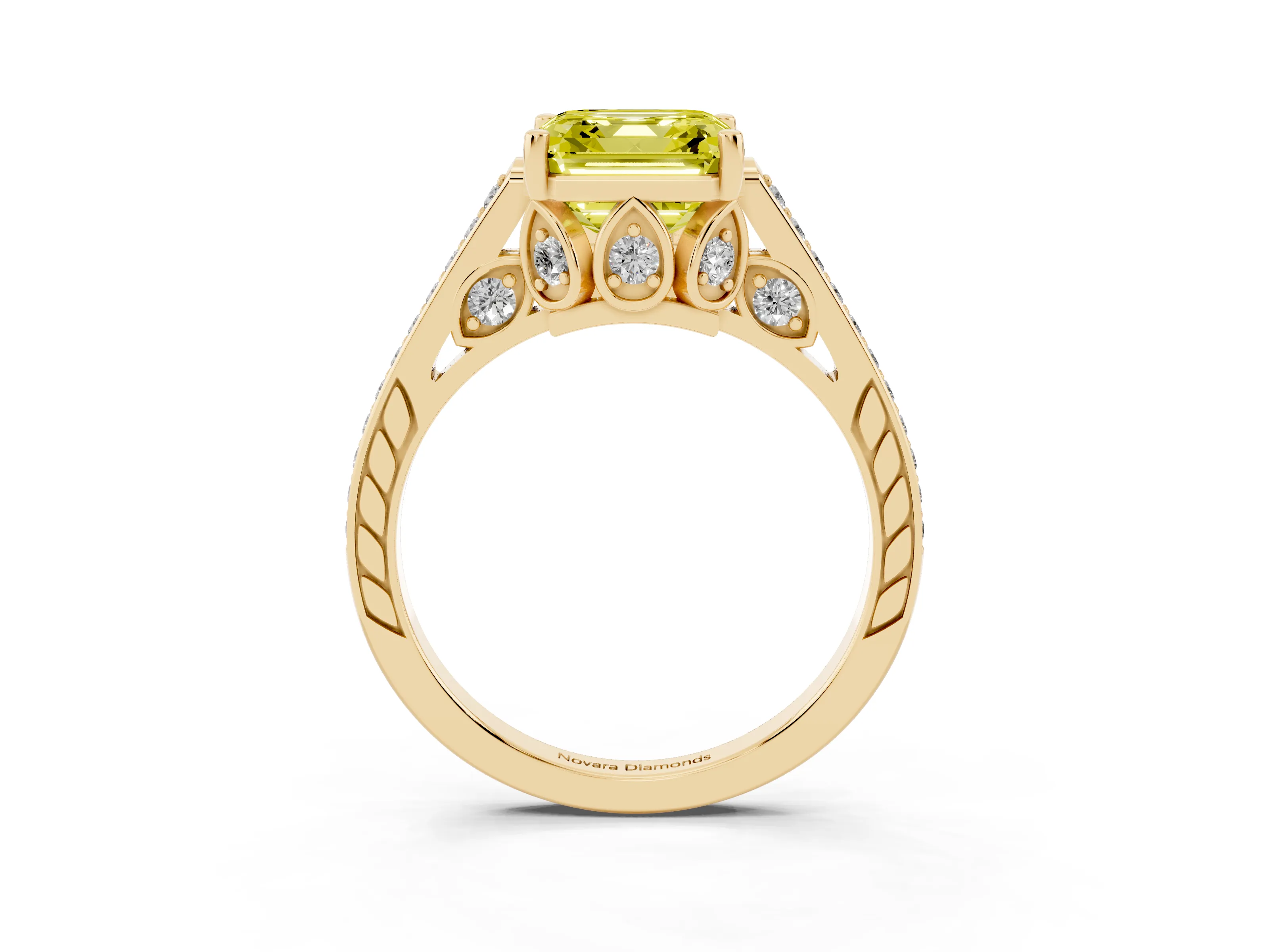 Fancy Yellow Asscher Cut Diamond Cathedral Pavé Engagement Ring Set in Yellow gold with Prong Setting