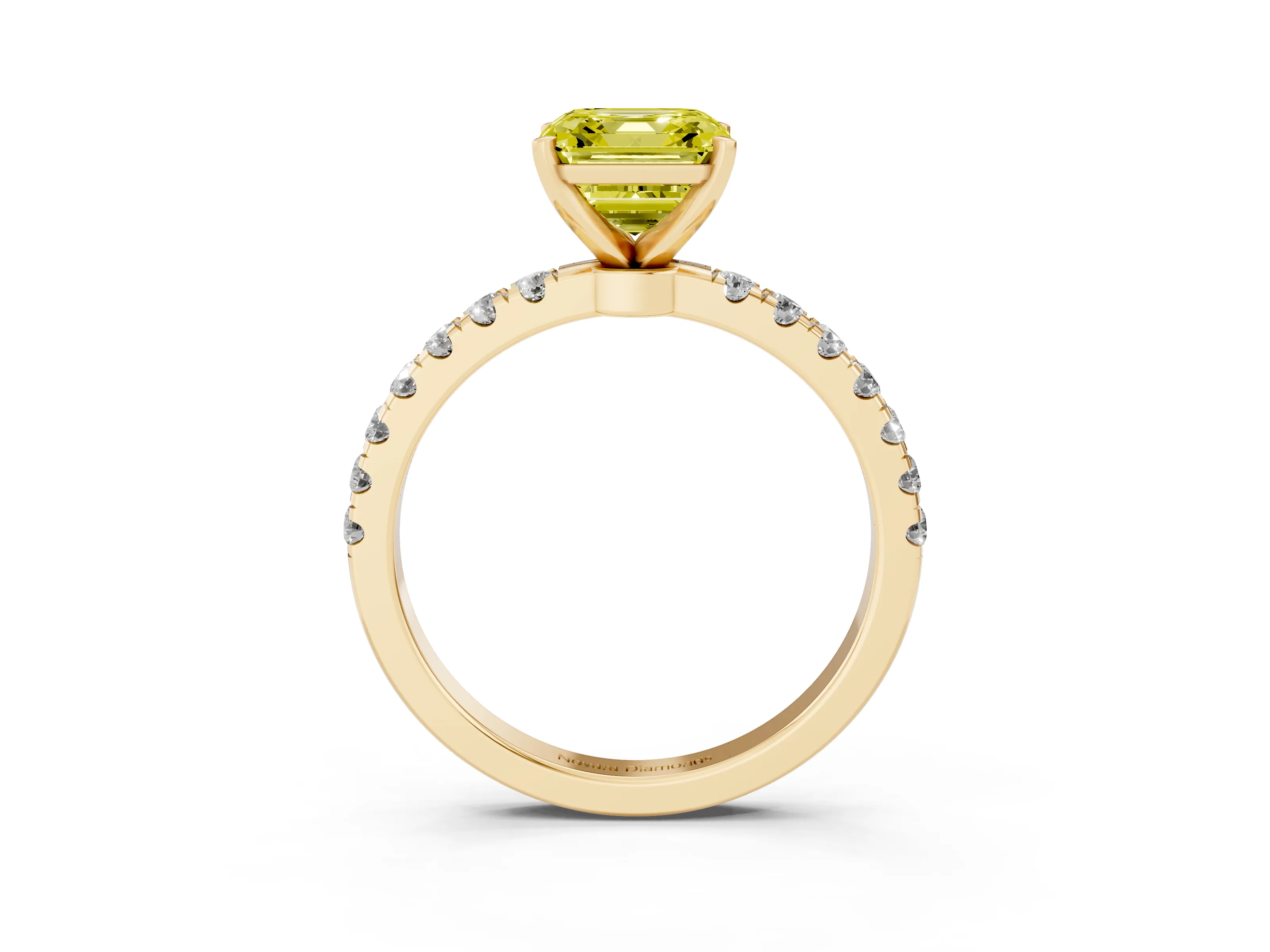 Fancy Yellow Asscher Cut Diamond Solitaire Ring Set in Yellow gold with Pavé Accents and Prong Setting