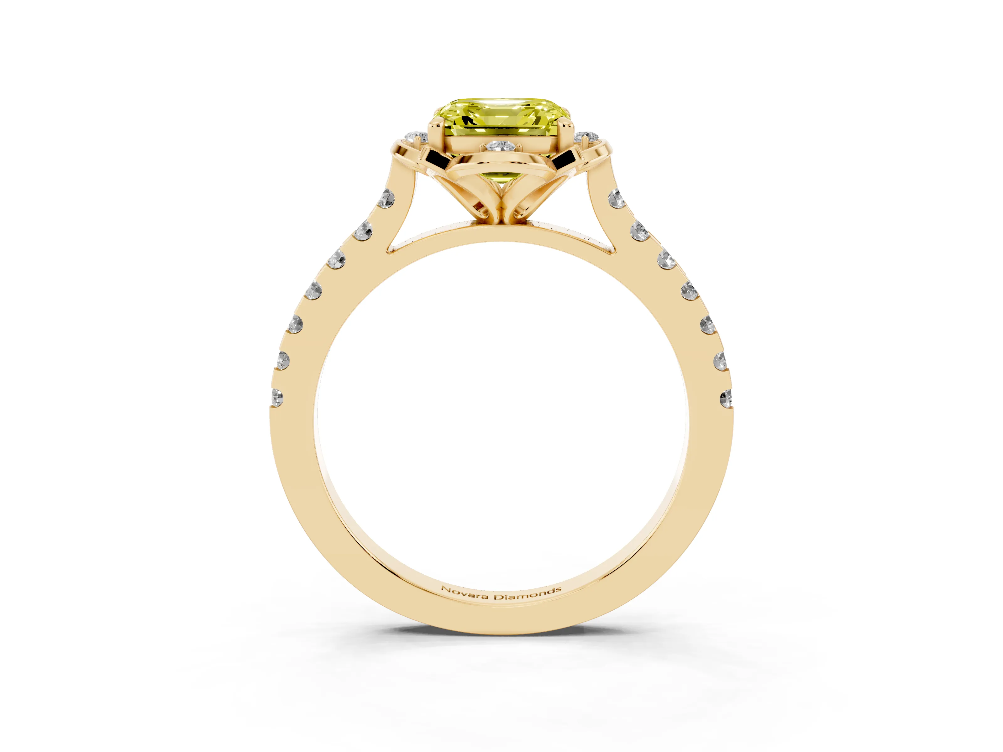 Fancy Yellow Asscher Cut Diamond Solitaire Ring Set in Yellow gold with Pavé Band and Floral Prong Setting