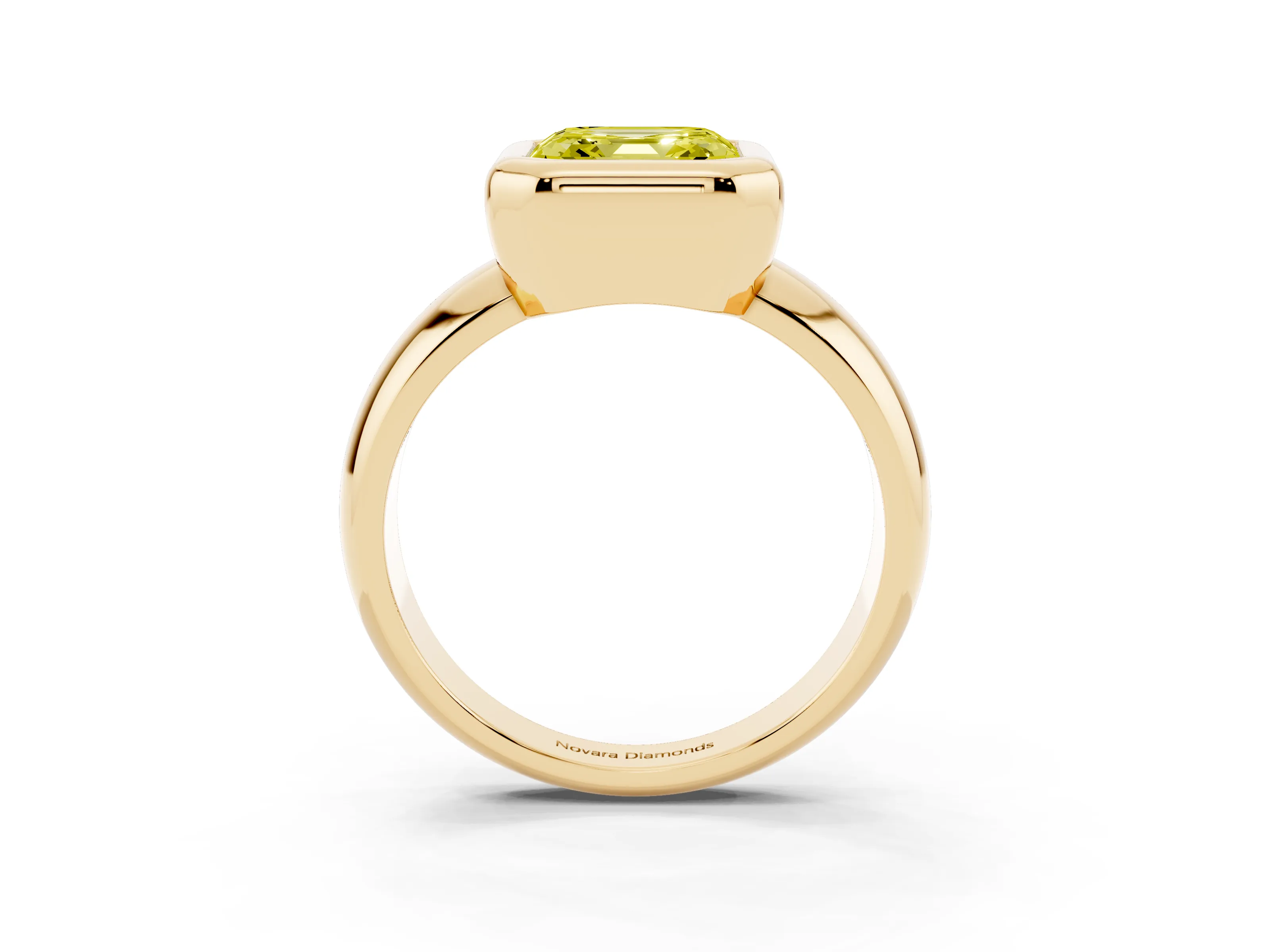 Fancy Yellow Bezel Set Asscher Cut Diamond Solitaire Ring Set in Yellow gold with Wide Band