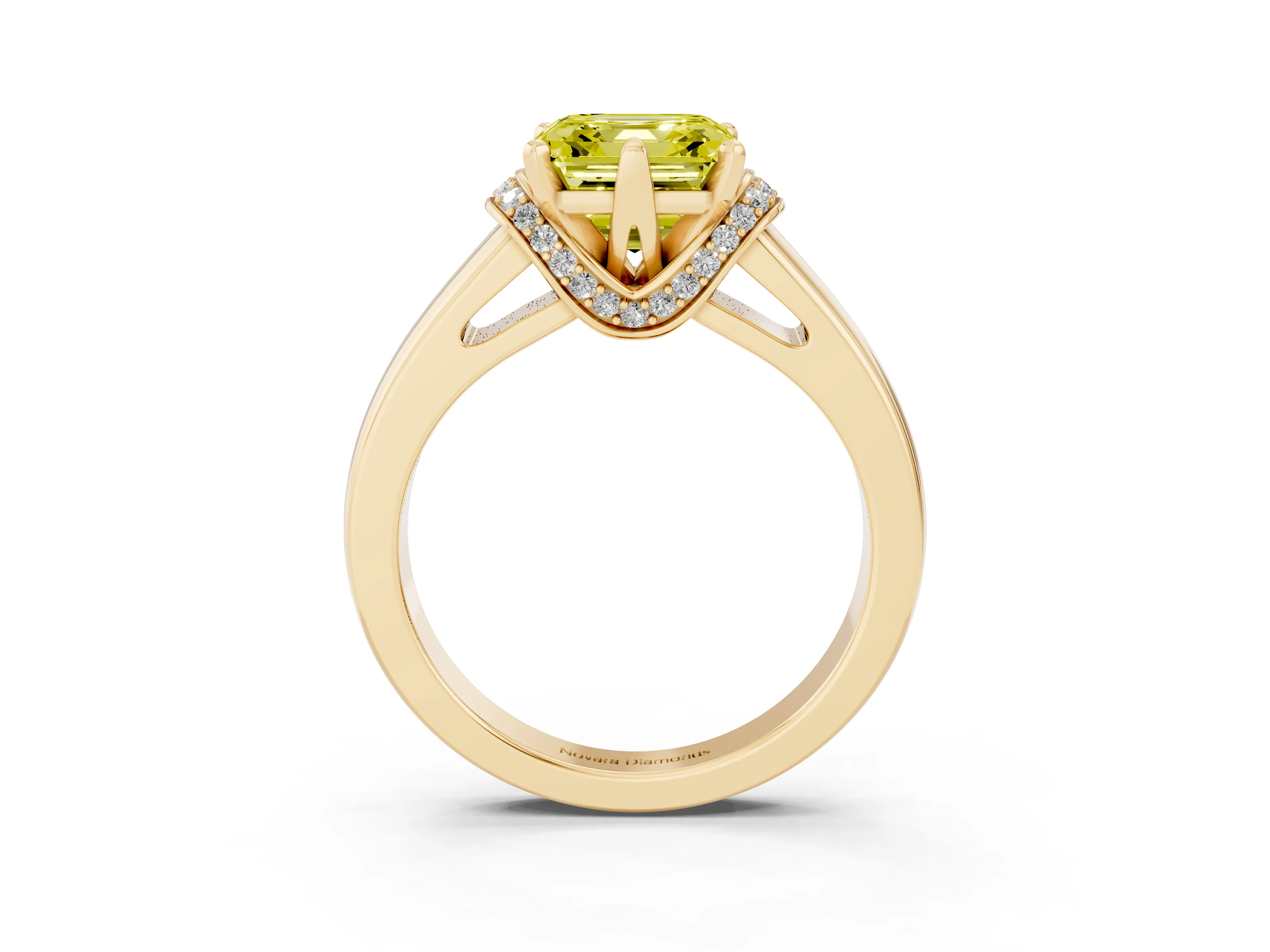 Fancy Yellow Asscher Cut Diamond Pavé Band Solitaire Ring Set in Yellow gold with Prong Setting