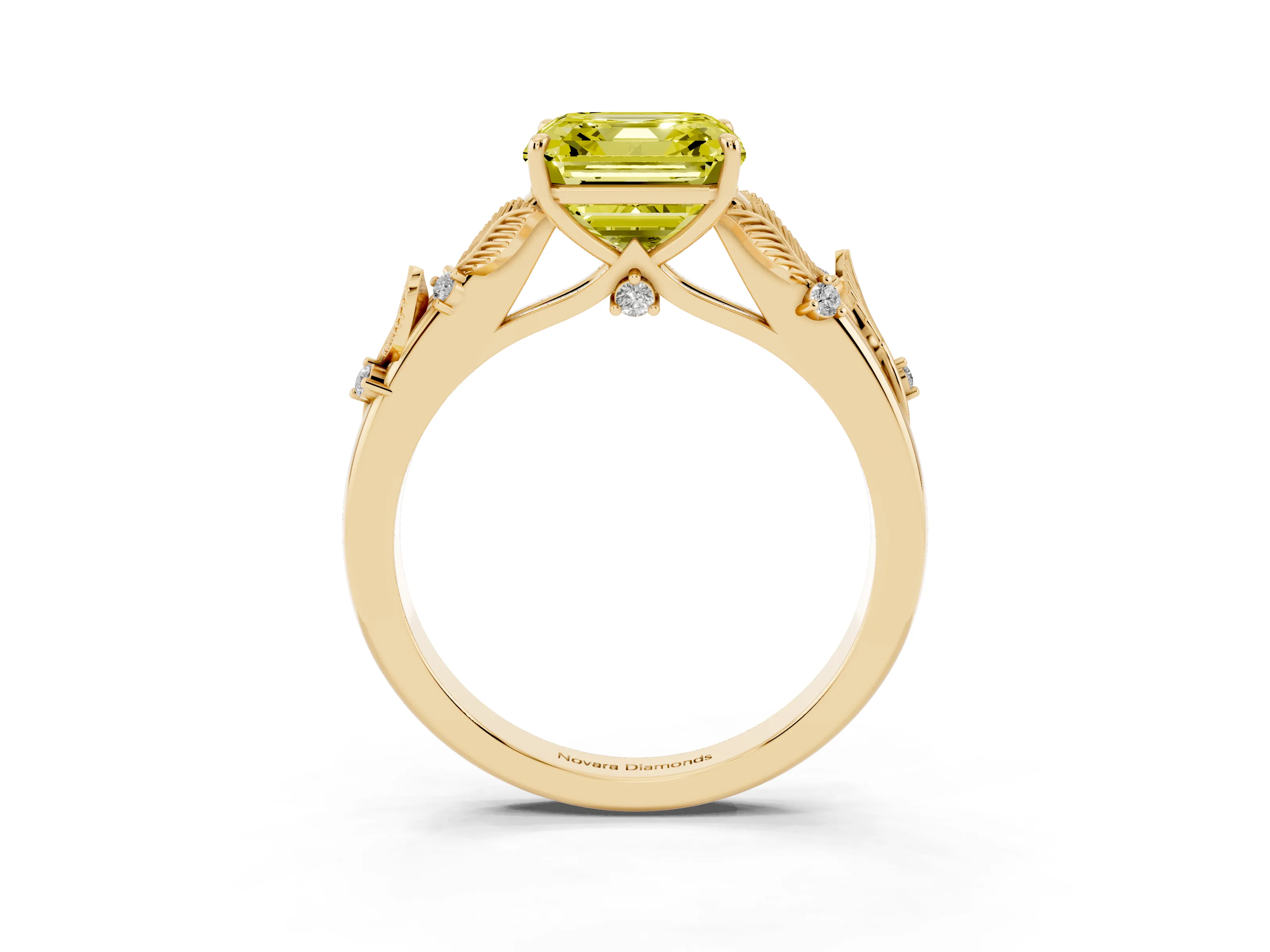 Fancy Yellow Asscher Cut Diamond Solitaire Ring Set in Yellow gold with Leaf Motif Band