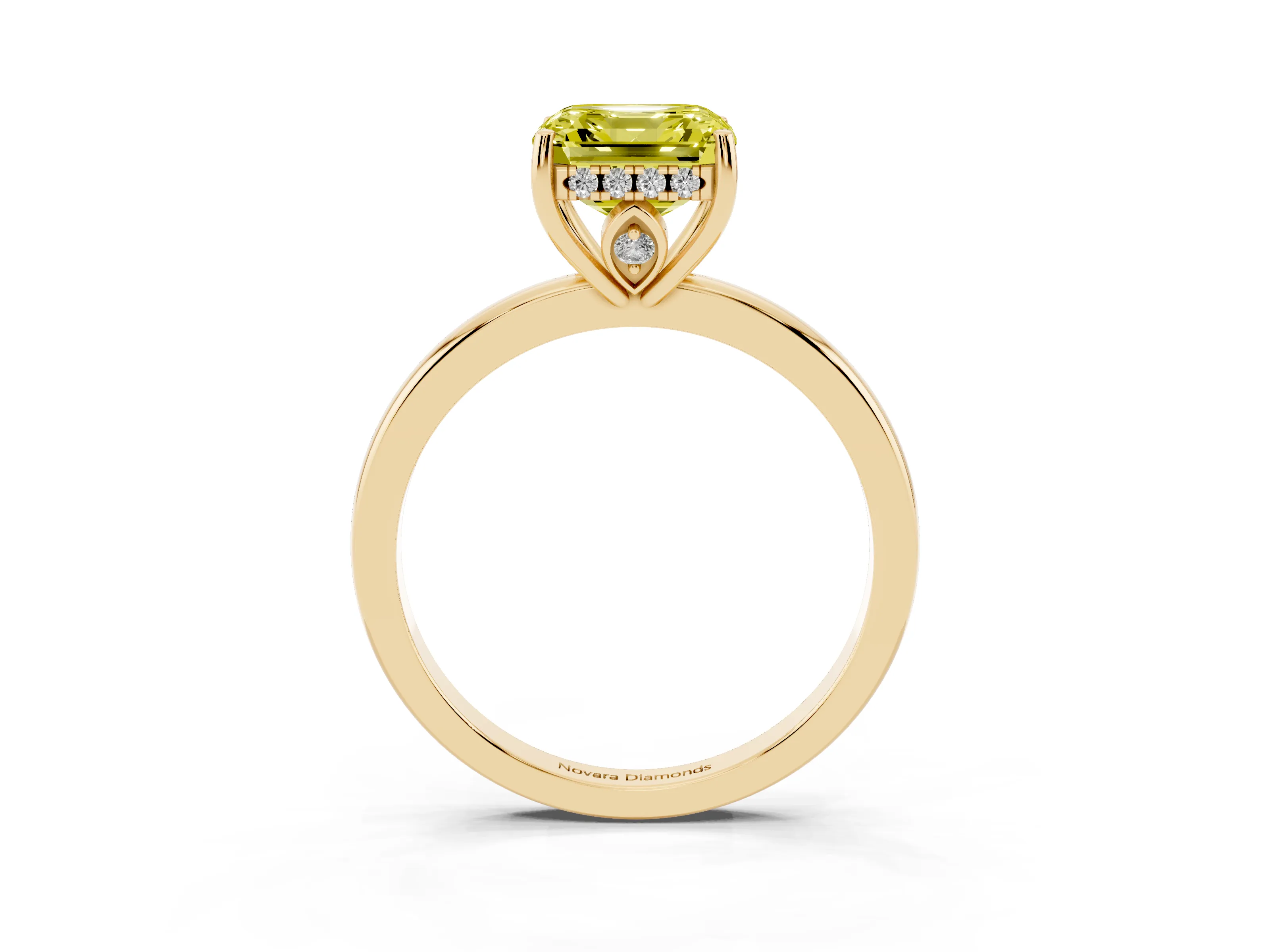 Fancy Yellow Asscher Cut Diamond Solitaire Ring Set in Yellow gold with Plain Band and Prong Setting