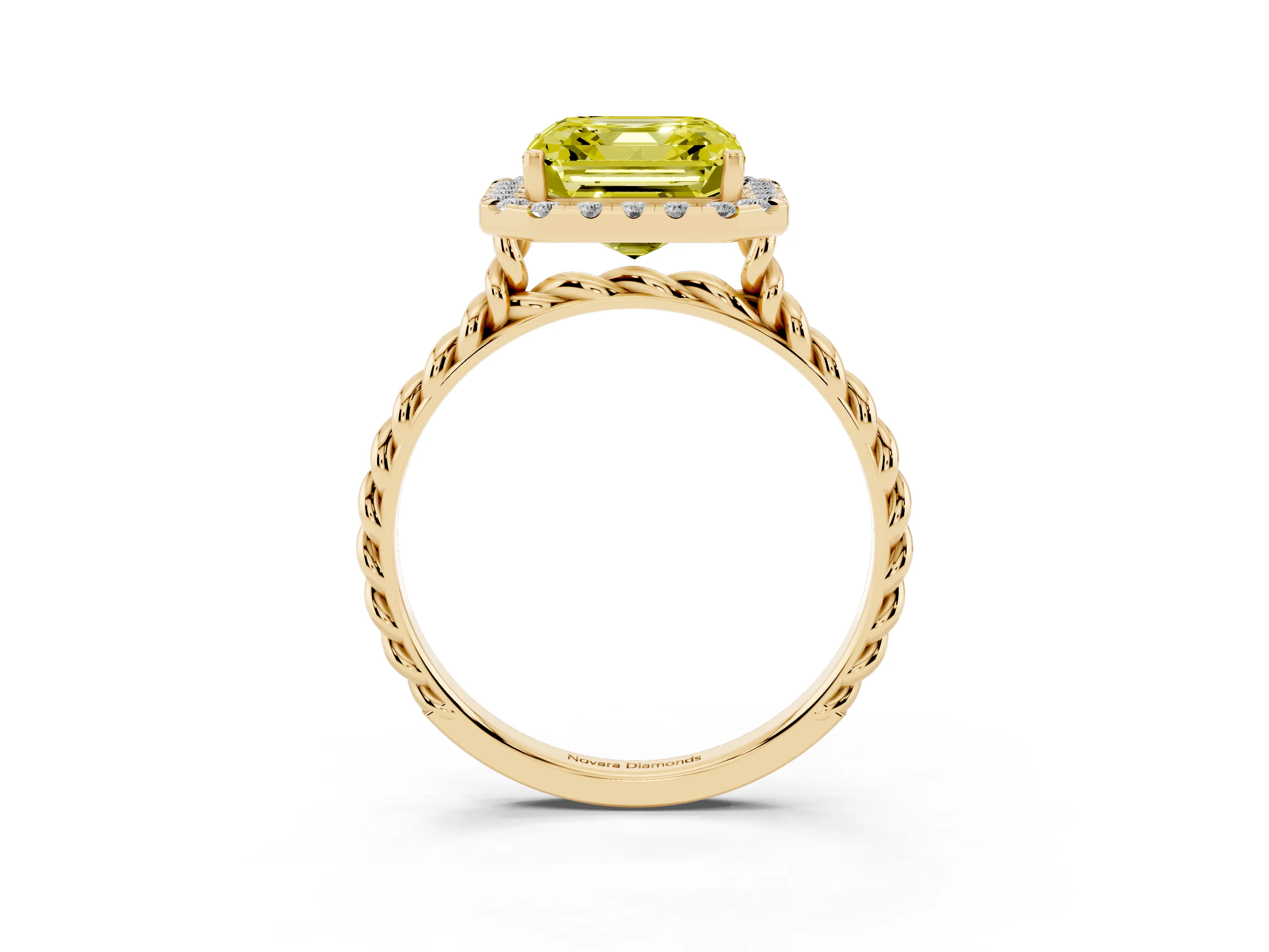 Fancy Yellow Asscher Cut Diamond Halo Ring Set in Yellow gold with Plain Twisted Band