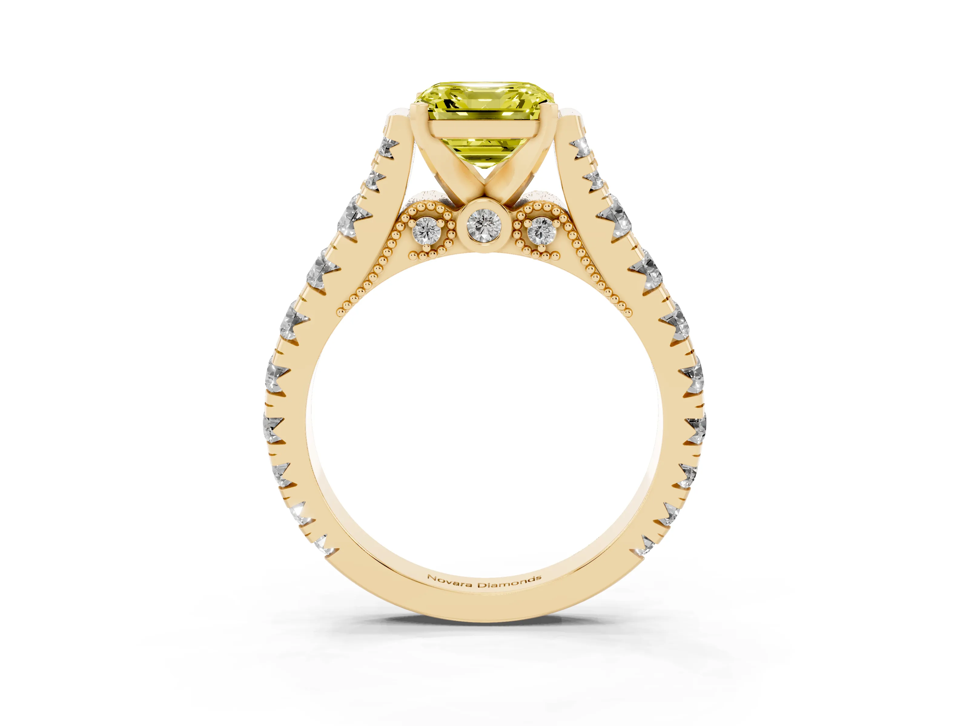 Fancy Yellow Asscher Cut Diamond Classic Solitaire Ring Set in Yellow gold with Pavé Band and Prong Setting
