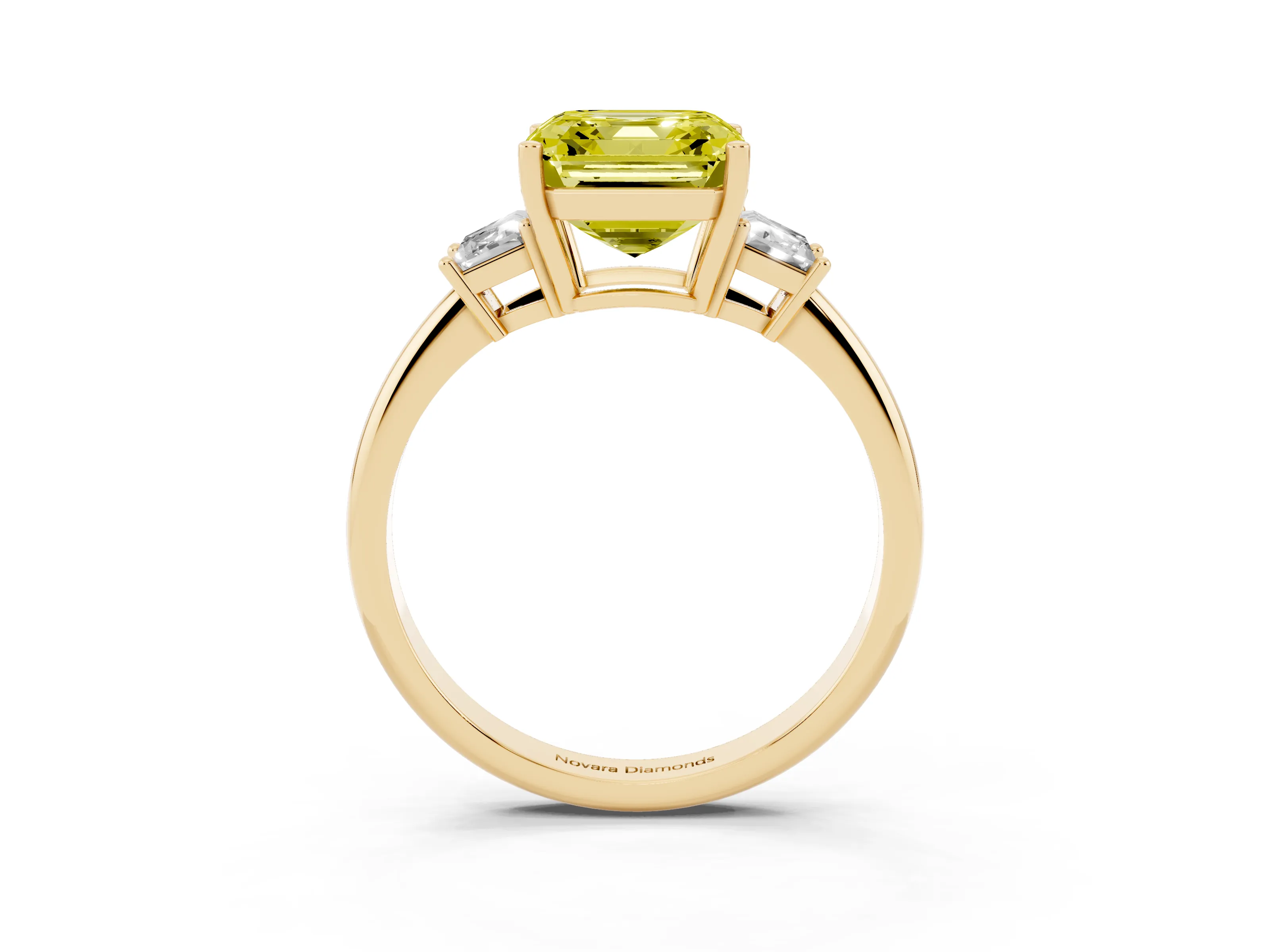 Fancy Yellow Asscher Cut Diamond Three-Stone Ring Set in Yellow gold with Trapezoid Side Stones and Prong Setting