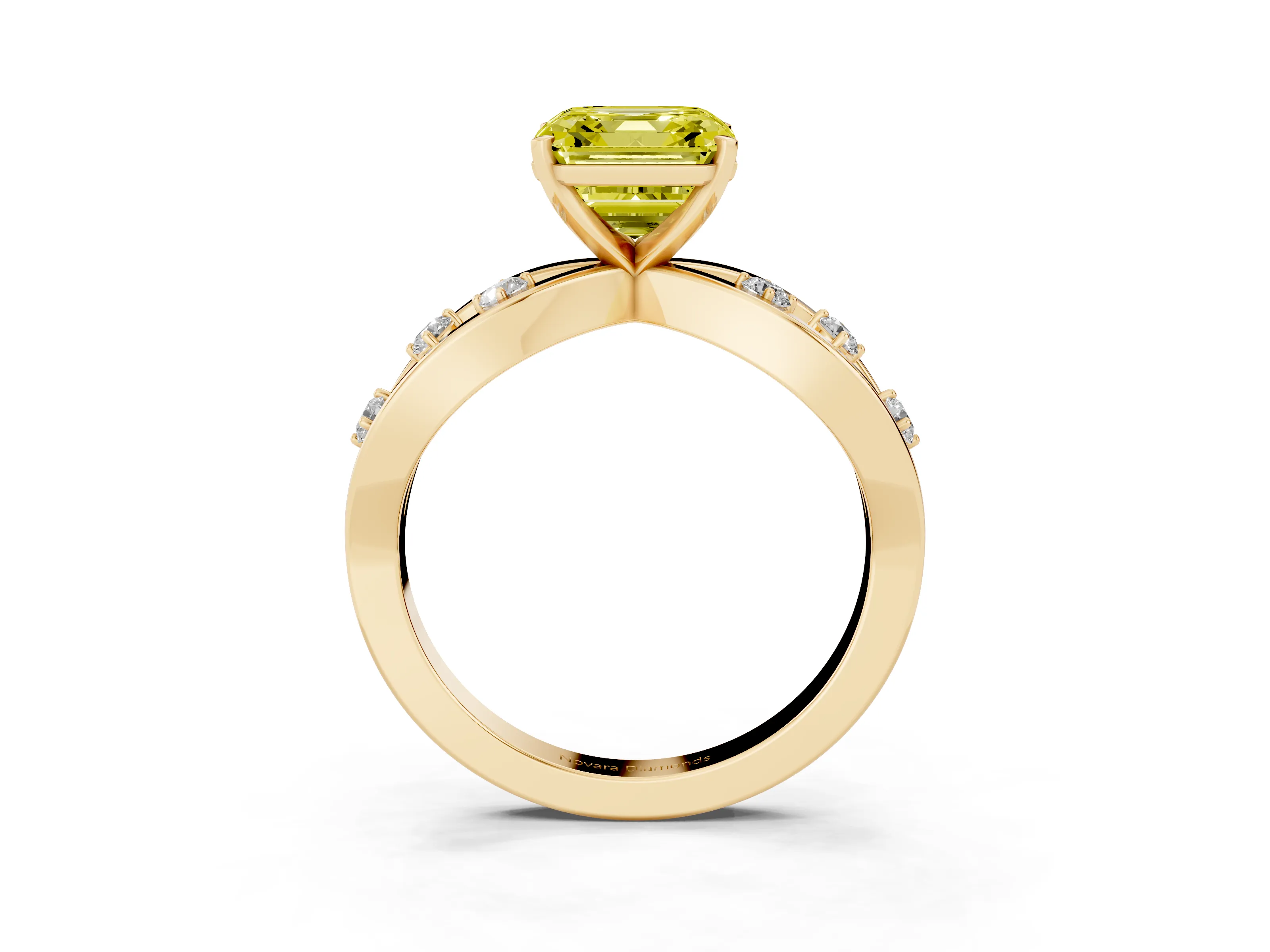 Fancy Yellow Asscher Cut Diamond Solitaire Ring Set in Yellow gold with Side Stones on Criss-Cross Band and Prong Setting