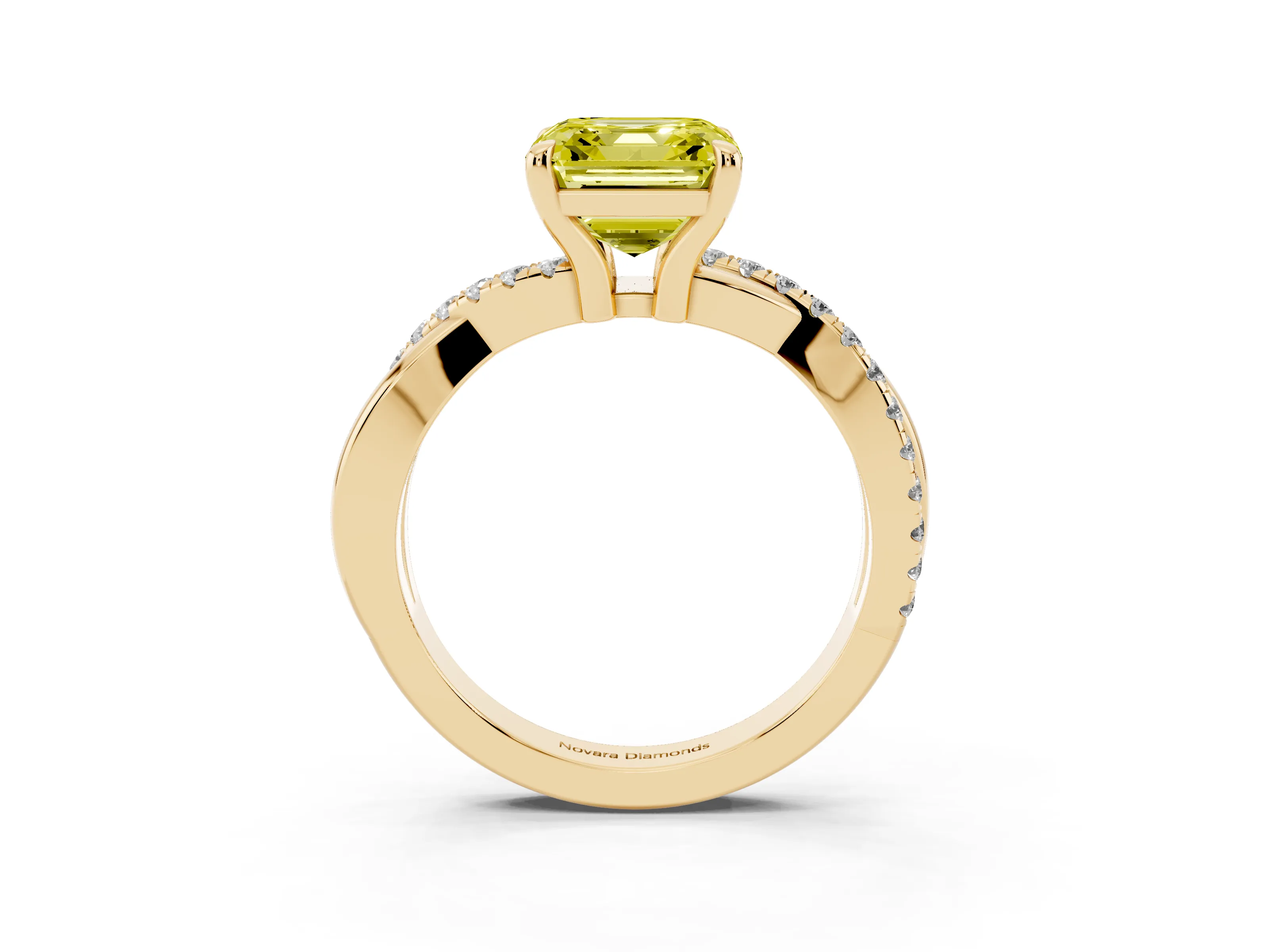 Fancy Yellow Asscher Cut Diamond Twist Band Pavé Solitaire Ring Set in Yellow gold with Prong Setting