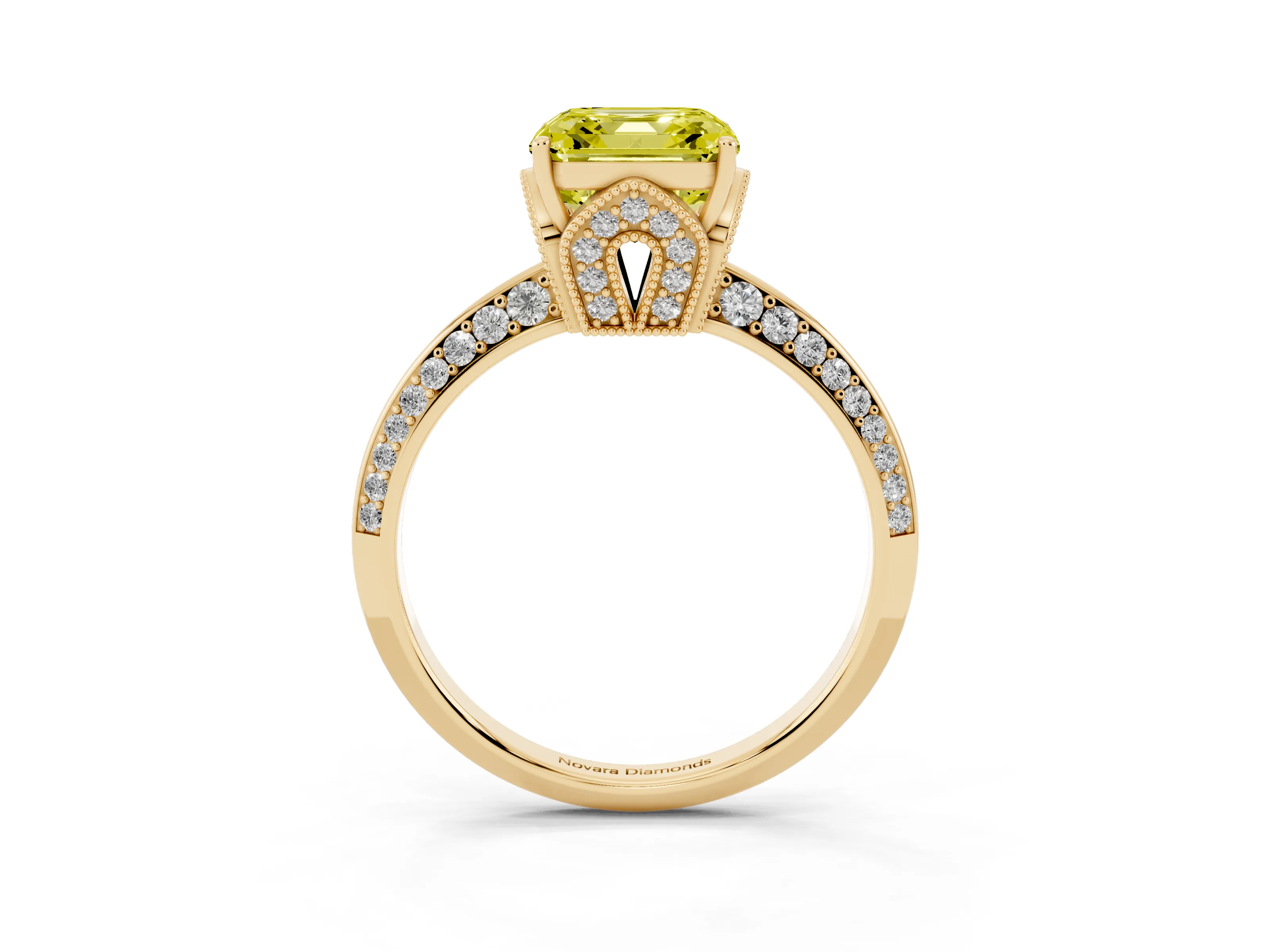 Fancy Yellow Asscher Cut Diamond Solitaire Engagement Ring Set in Yellow gold with Pavé Split Shank and Prong Setting