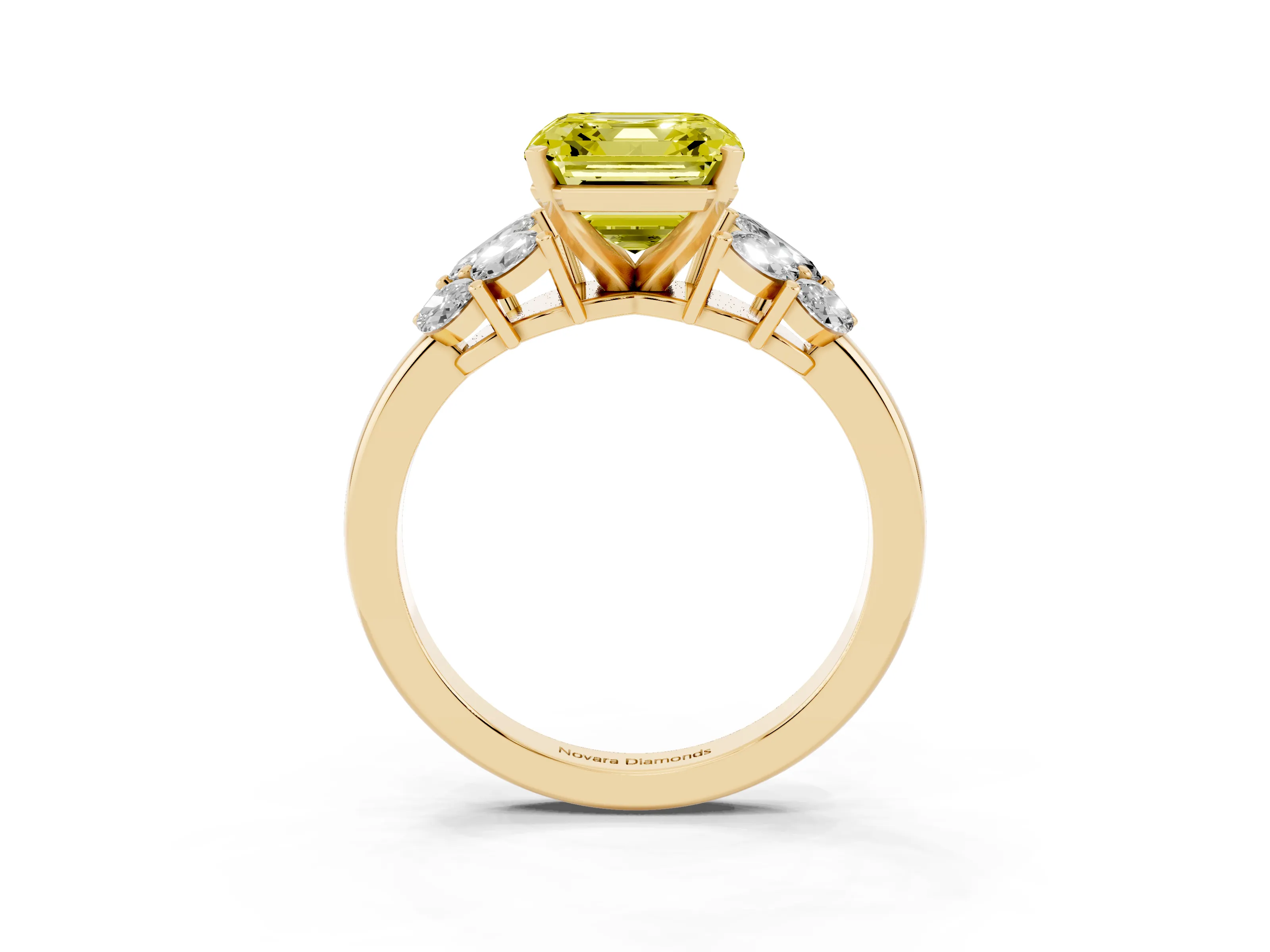 Fancy Yellow Asscher Cut Diamond Cluster Leaf Design Ring Set in Yellow gold with Prong Setting