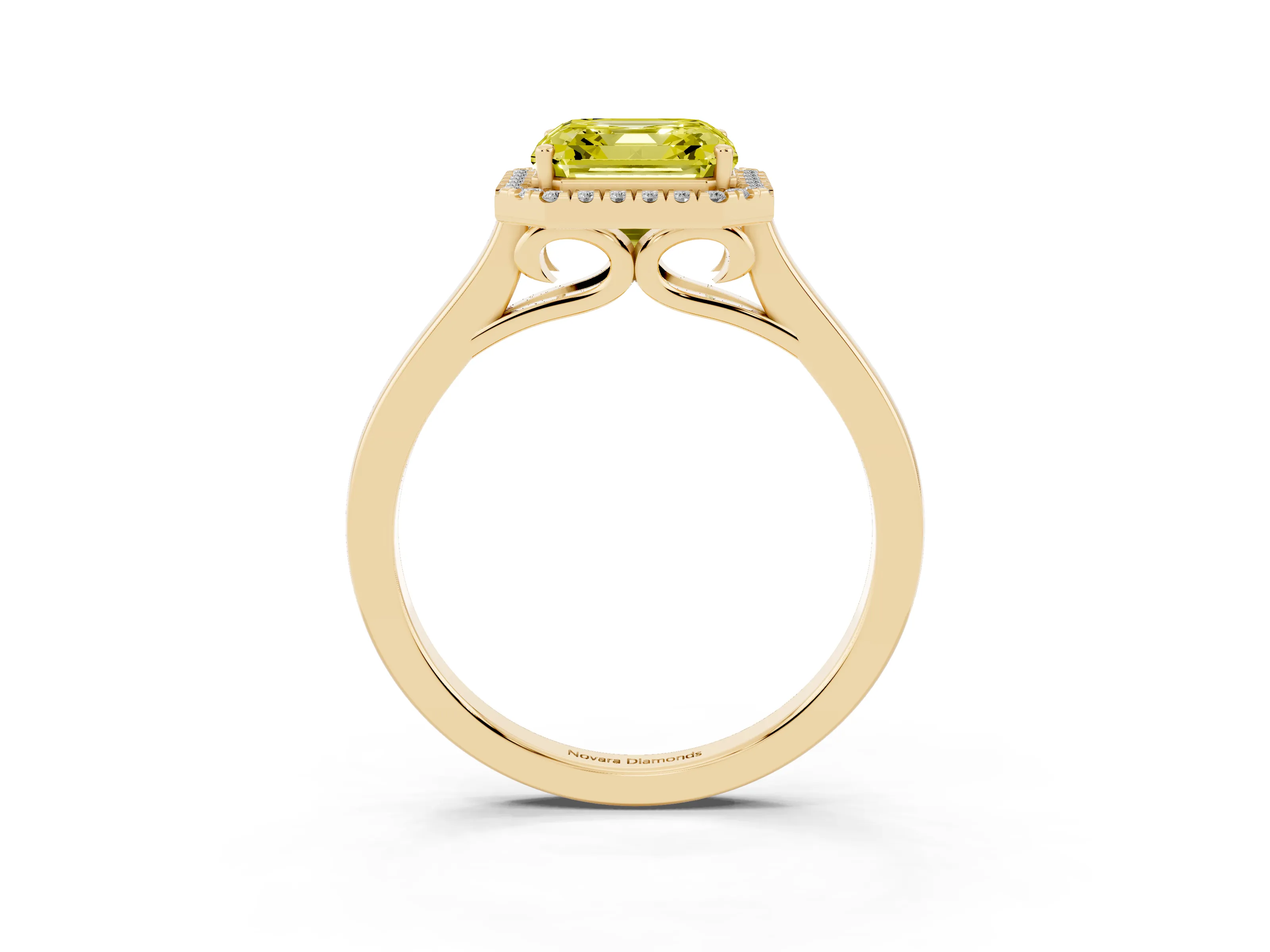 Fancy Yellow Asscher Cut Halo Round Diamond Solitaire Ring Set in Yellow gold with Pavé Band and Prong Setting