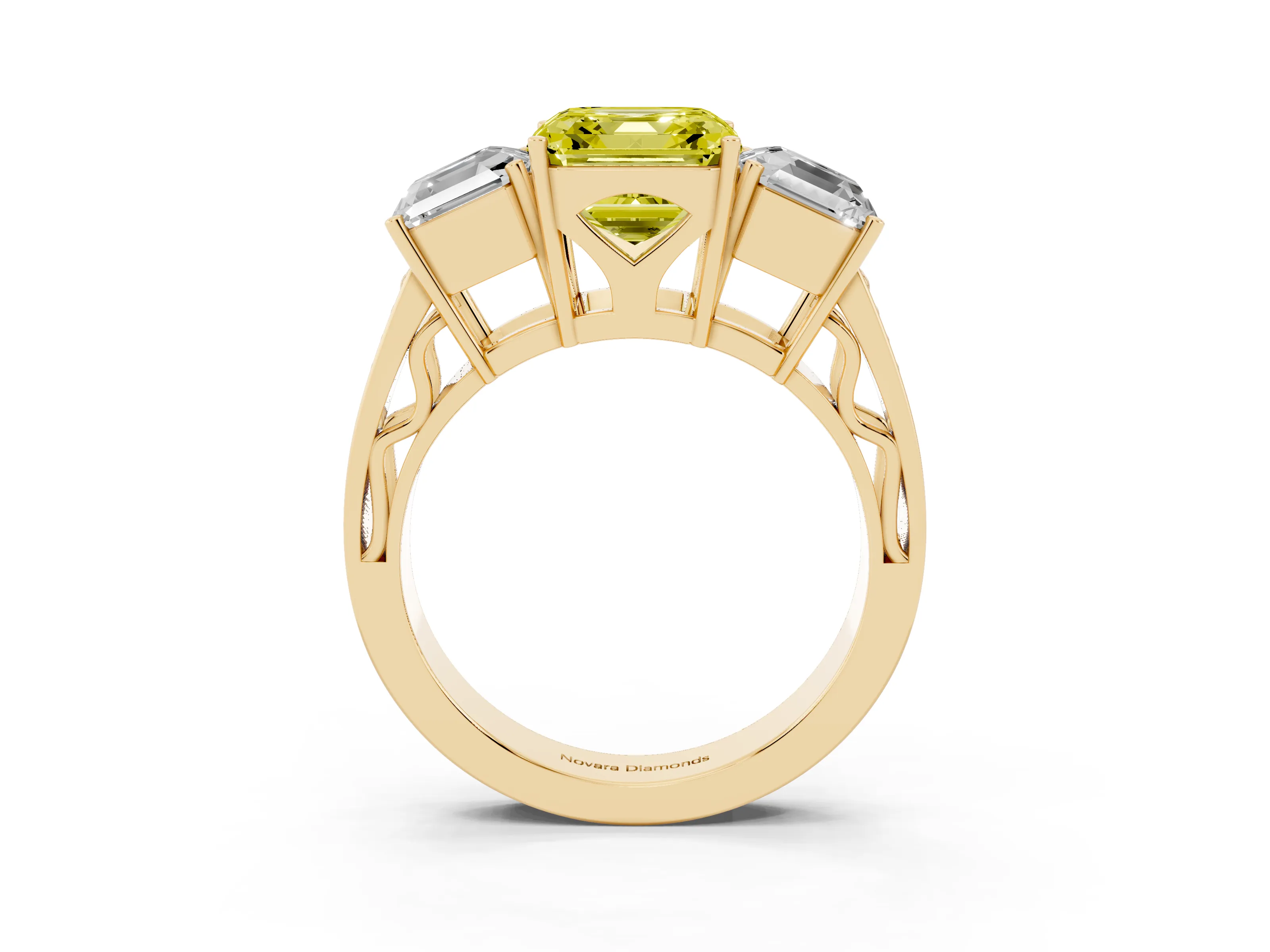 Fancy Yellow Asscher Cut Diamond Three-Stone Ring Set in Yellow gold with Textured Band