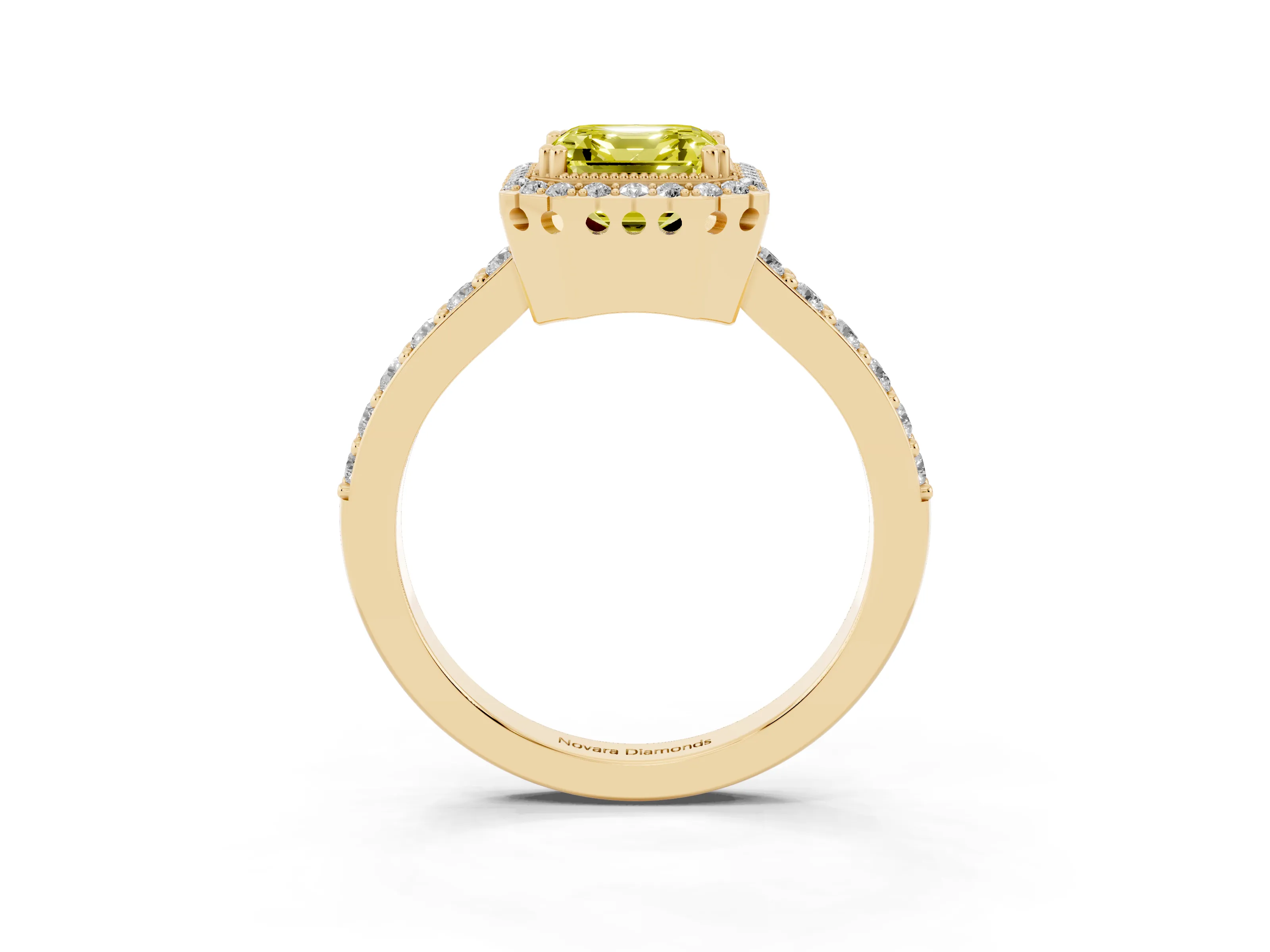 Fancy Yellow Asscher Cut Diamond Halo Engagement Ring Set in Yellow gold with Milgrain Detail and Pavé Band