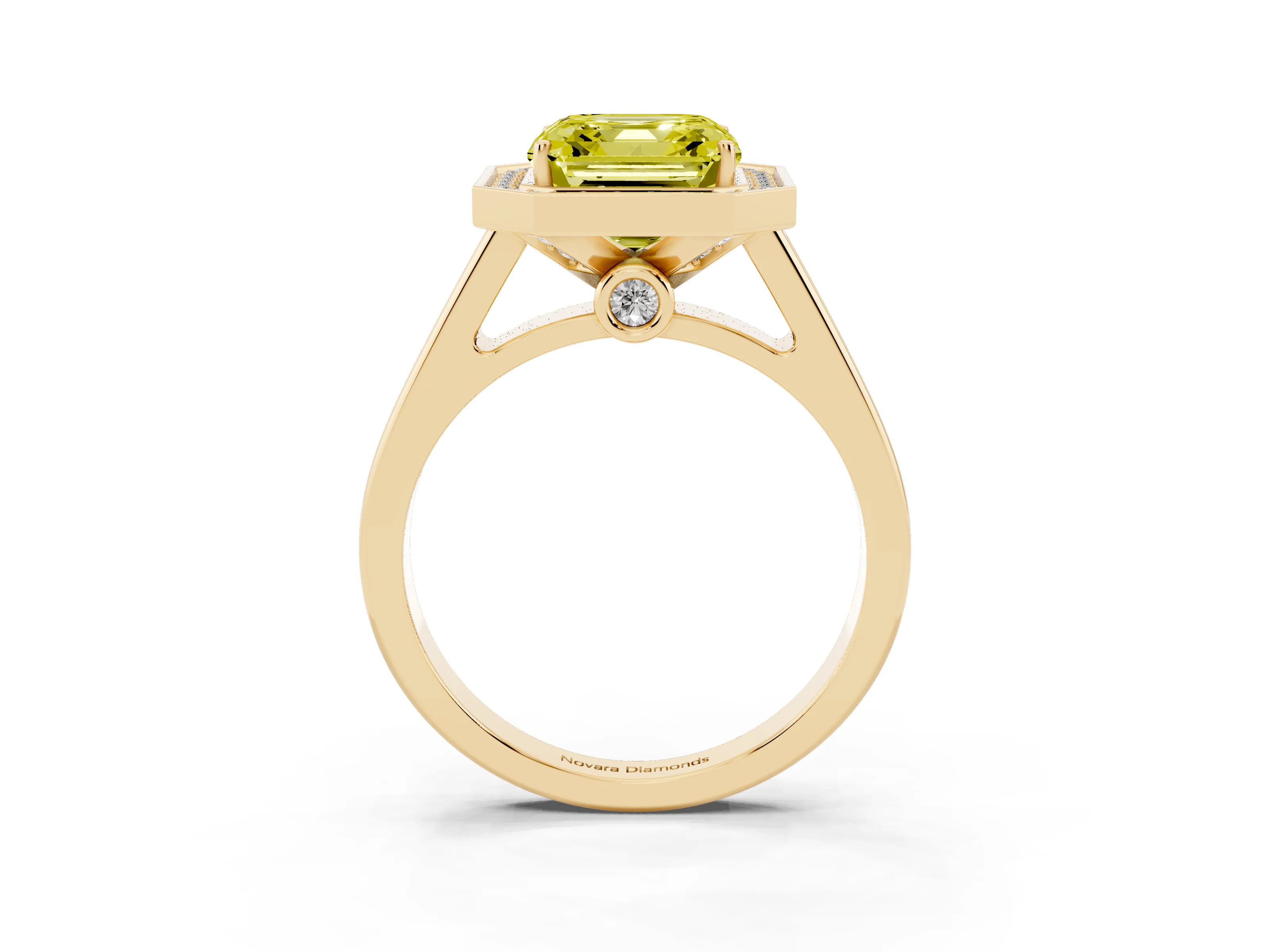 Fancy Yellow Asscher Cut Diamond Halo Solitaire Ring Set in Yellow gold with Pavé Band and Bezel Setting