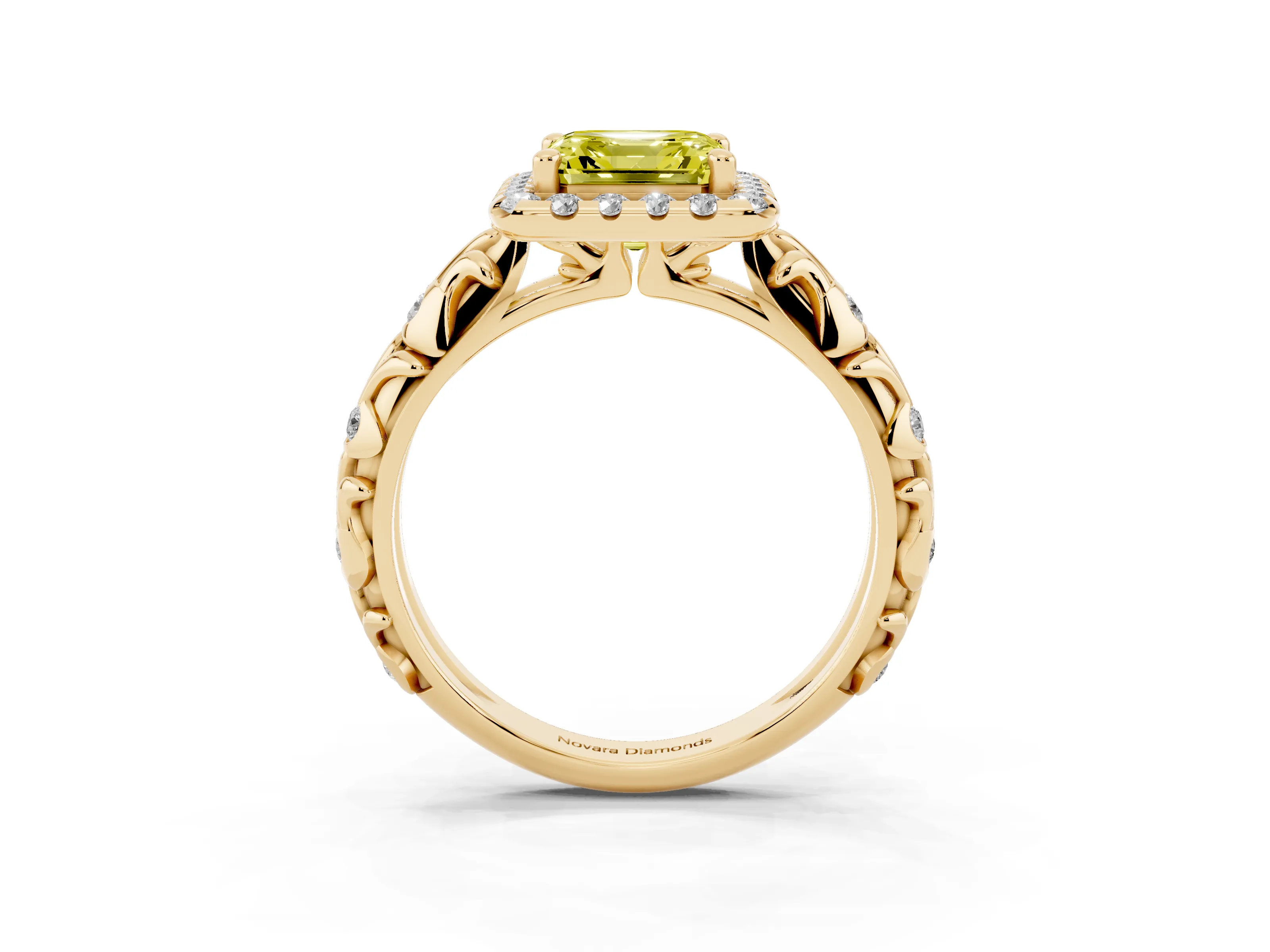 Fancy Yellow Asscher Cut Diamond Halo Ring Set in Yellow gold with Filigree Leaf Band and Prong Setting