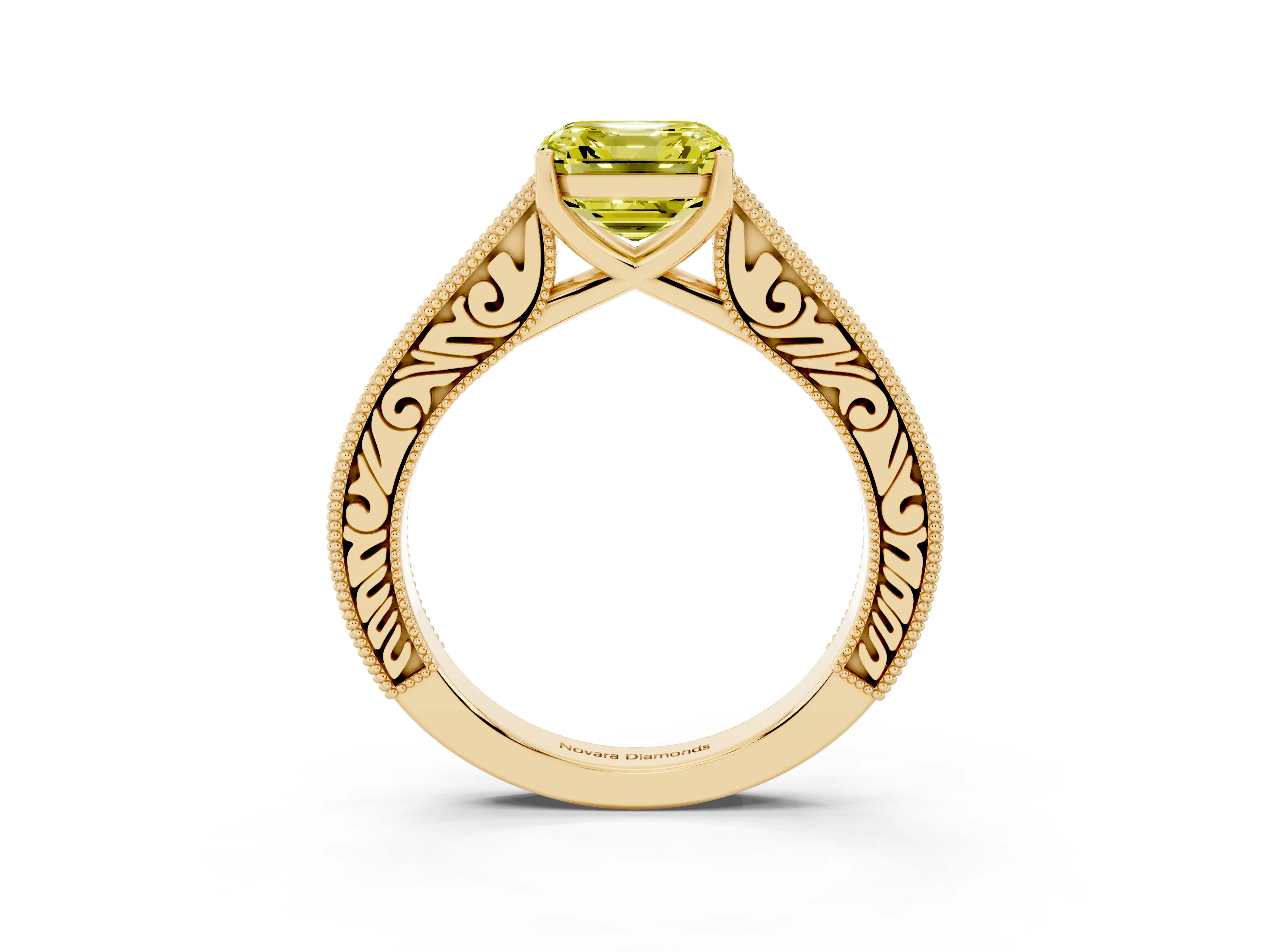 Fancy Yellow Asscher Cut Diamond Milgrain Pavé Band Solitaire Ring Set in Yellow gold with Prong Setting