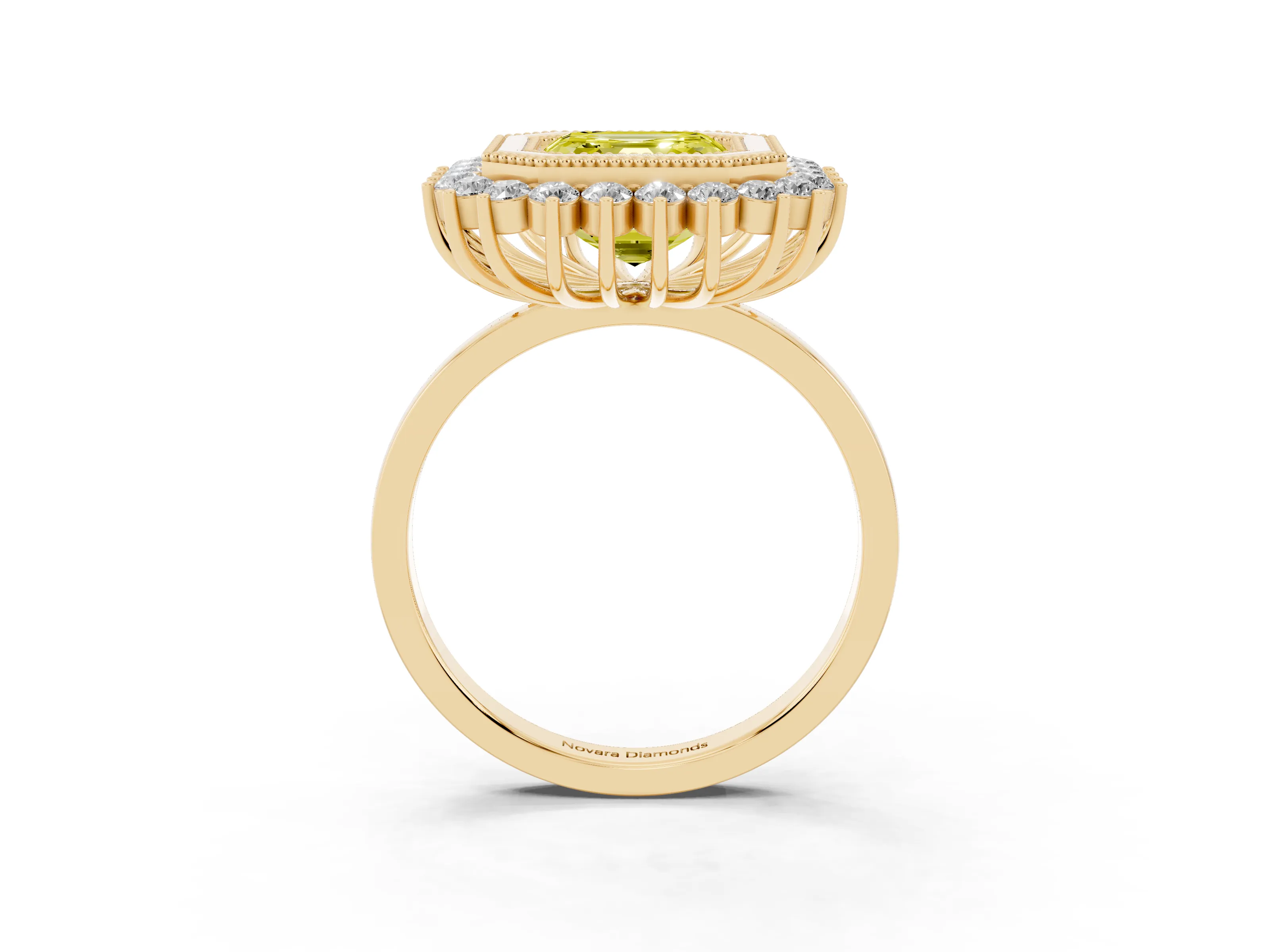 Fancy Yellow Asscher Cut Diamond Halo Ring Set in Yellow gold with Milgrain Edge and Round Prong Setting