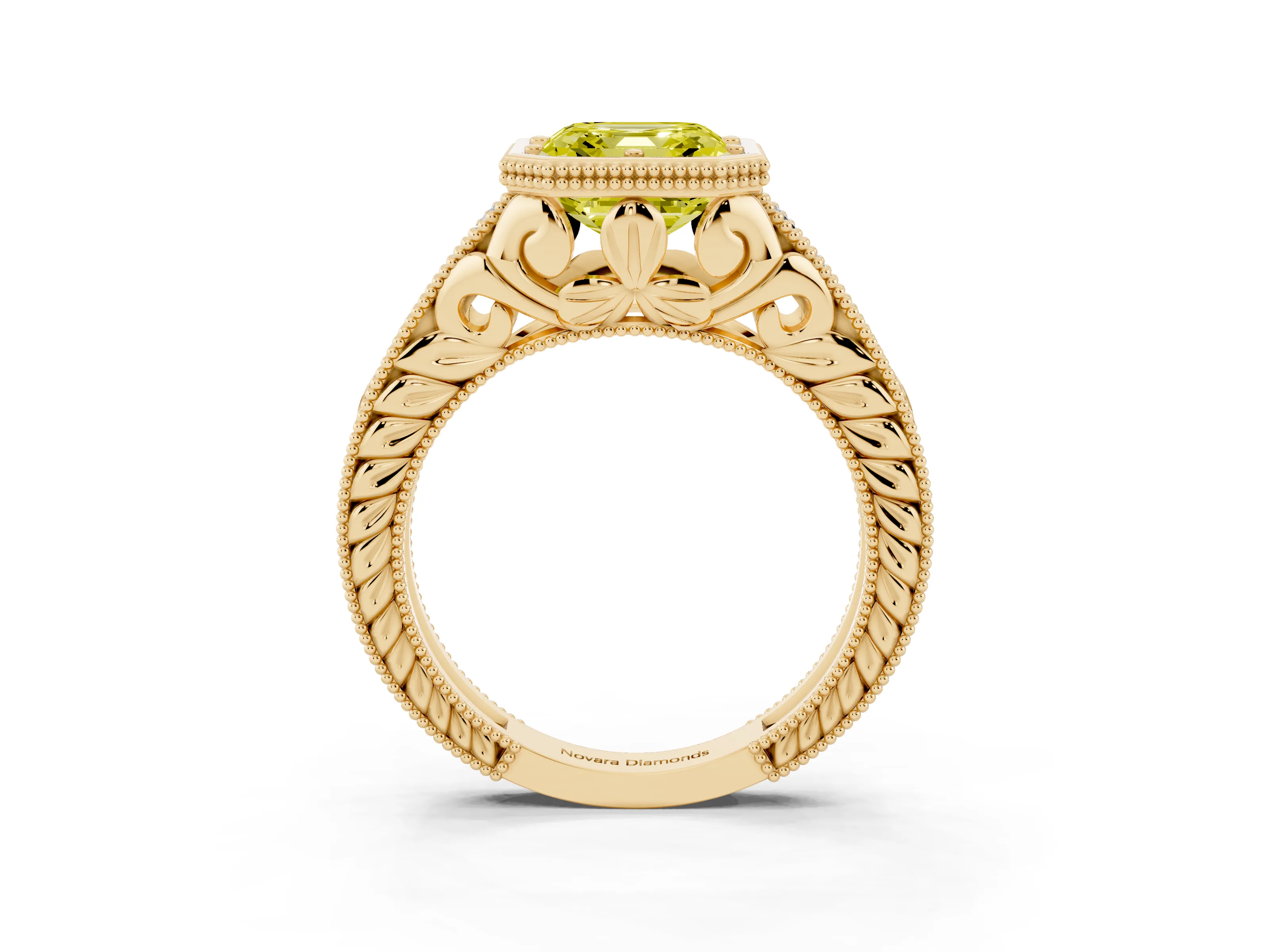 Fancy Yellow Bezel Set Asscher Cut Diamond Milgrain Pavé Engagement Ring Set in Yellow gold