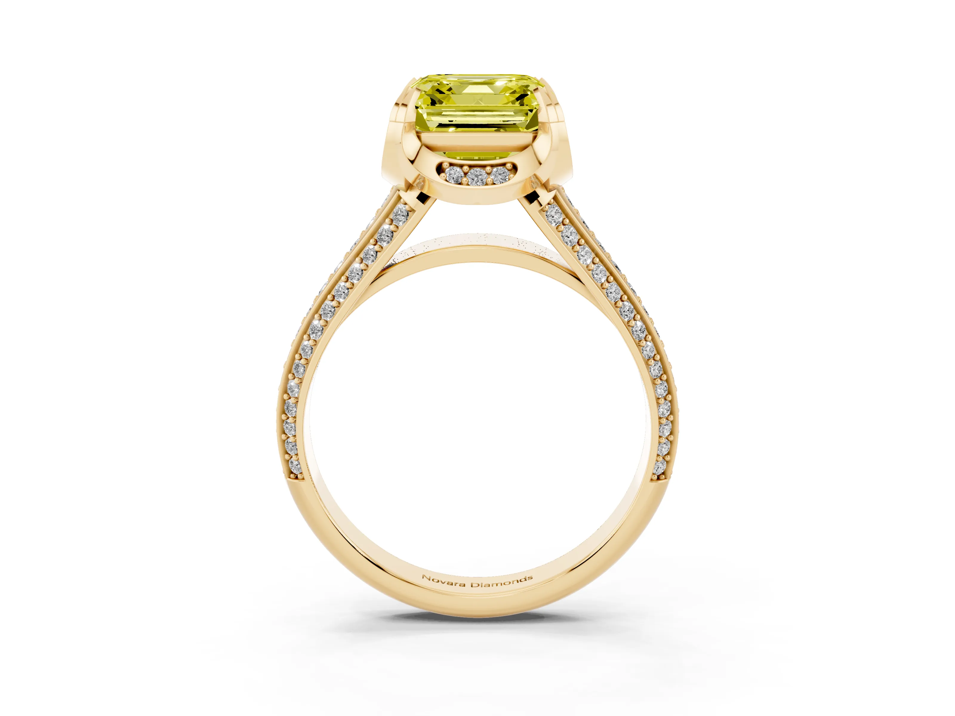 Fancy Yellow Asscher Cut Diamond Pavé Split Shank Solitaire Ring Set in Yellow gold with Prong Setting