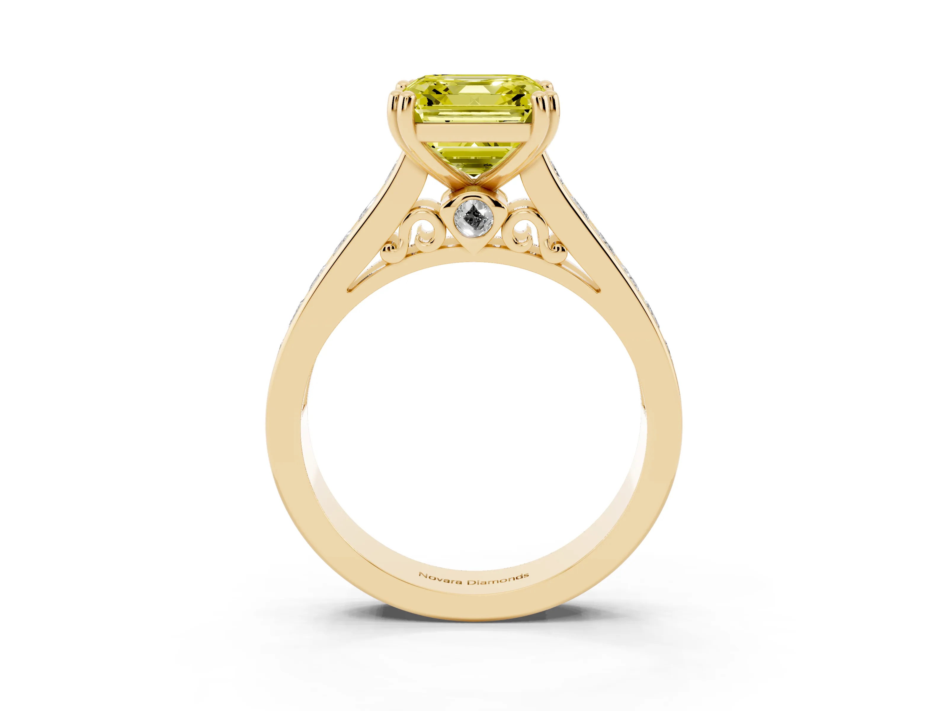Fancy Yellow Asscher Cut Diamond Channel Set Solitaire Engagement Ring Set in Yellow gold with Prong Setting