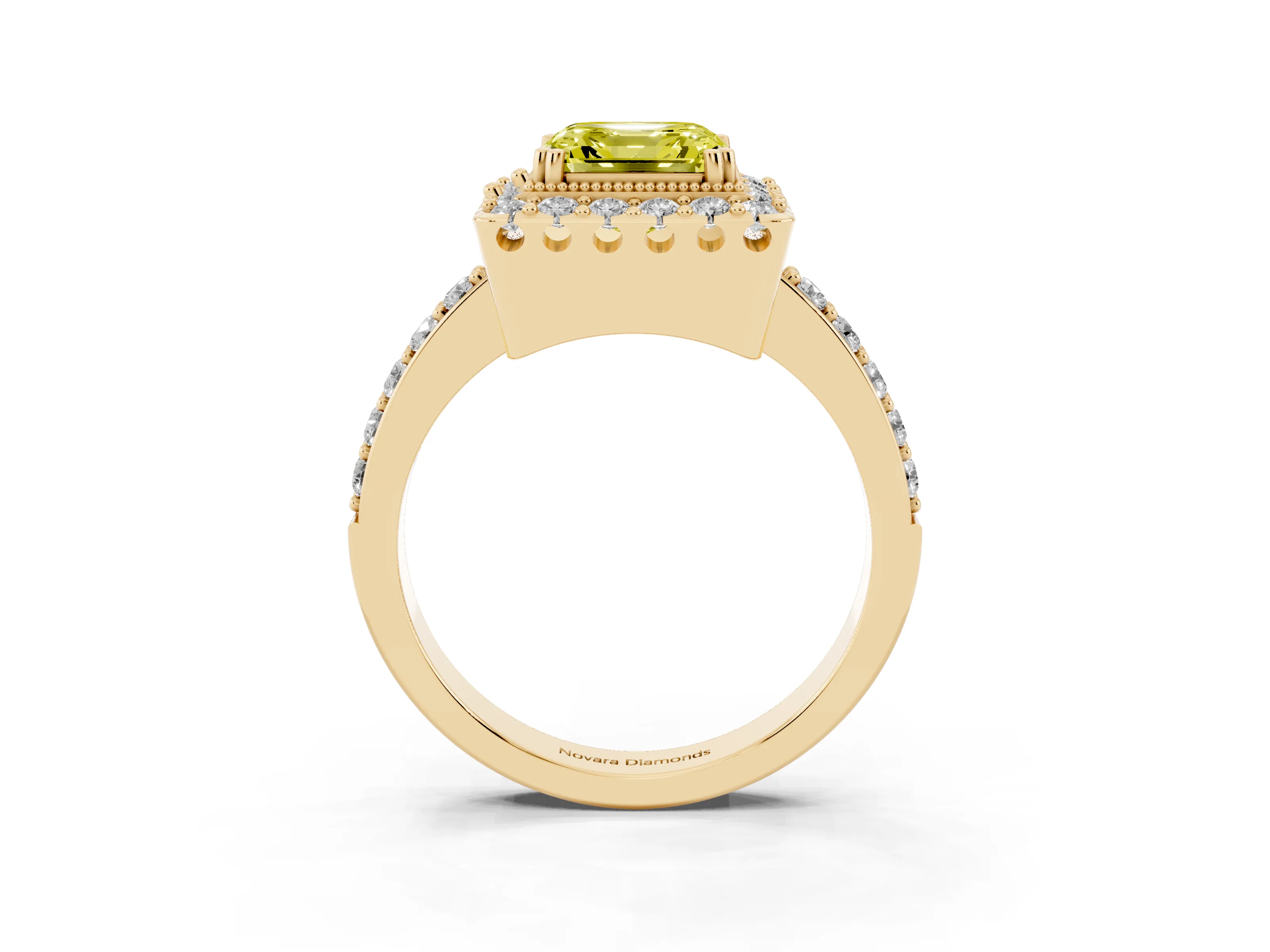 Fancy Yellow Asscher Cut Diamond Halo Ring Set in Yellow gold with Pavé Shank and Prong Setting