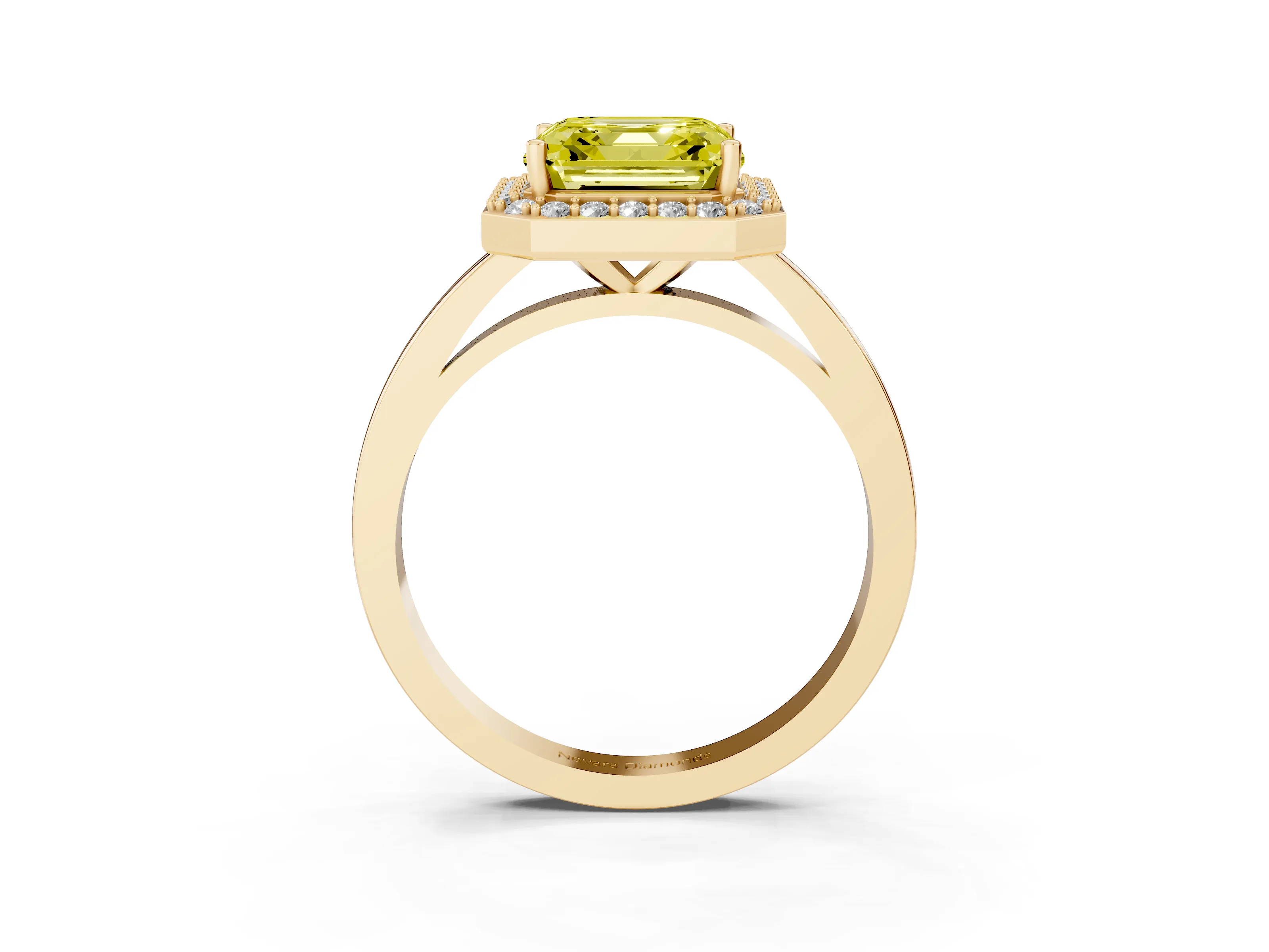 Fancy Yellow Asscher Cut Diamond Halo Ring Set in Yellow gold with Solitaire Band and Prong Setting
