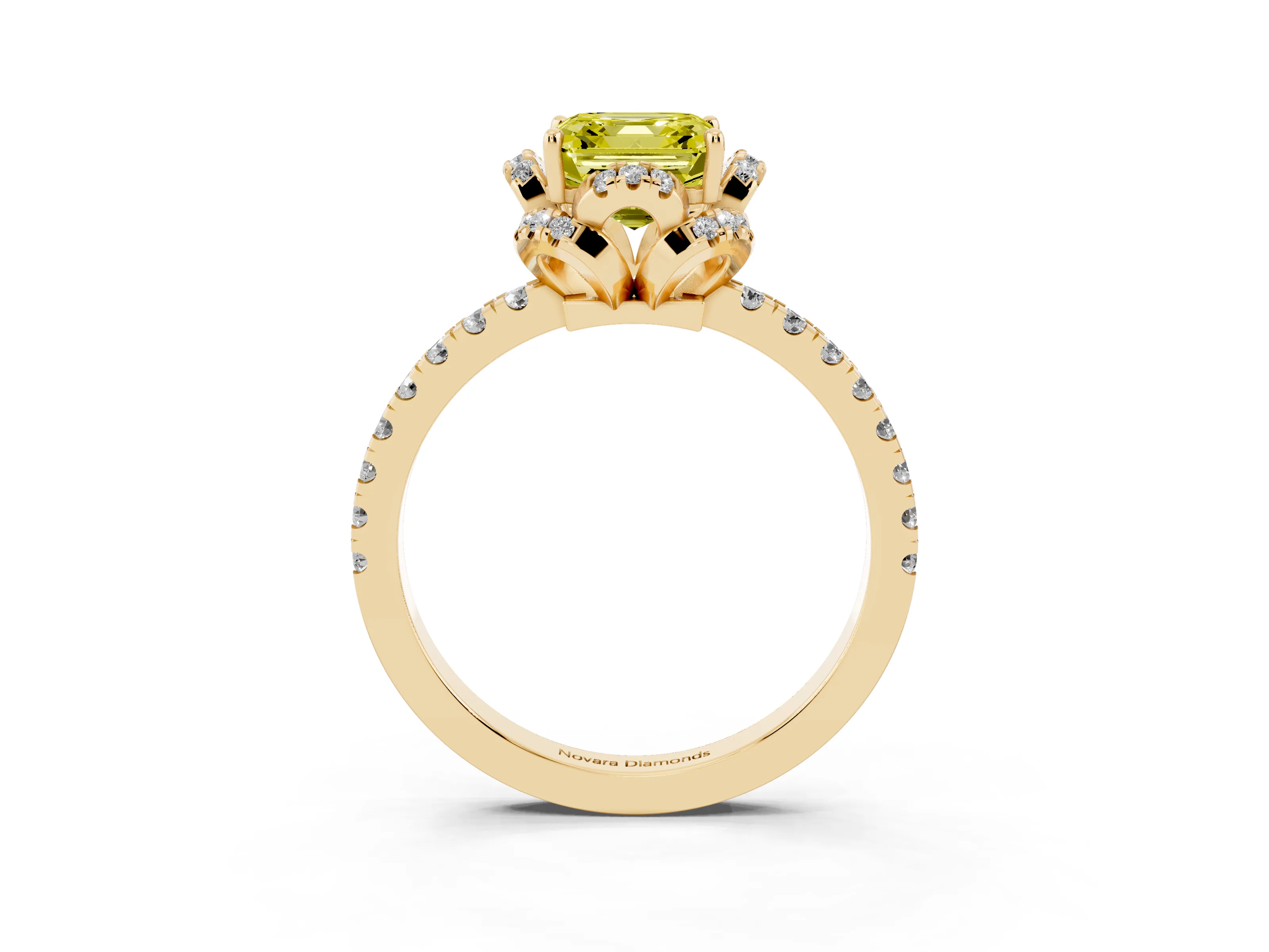 Fancy Yellow Asscher Cut Diamond Halo Pavé Ring Set in Yellow gold with Prong-Held Center Stone