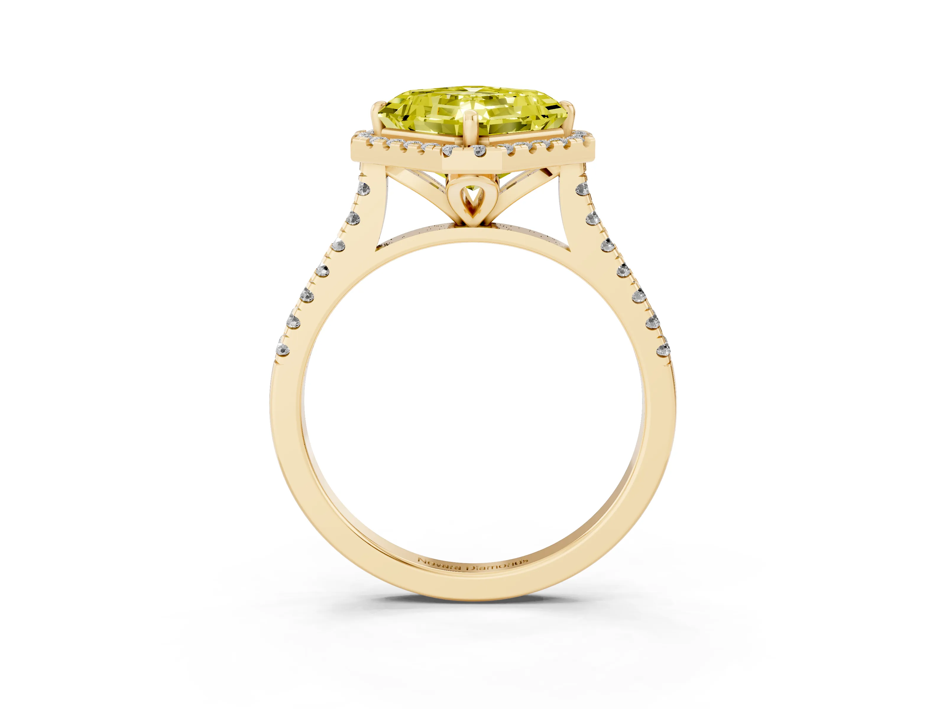 Fancy Yellow Asscher Cut Diamond Cushion Halo Ring Set in Yellow gold with Pavé Band