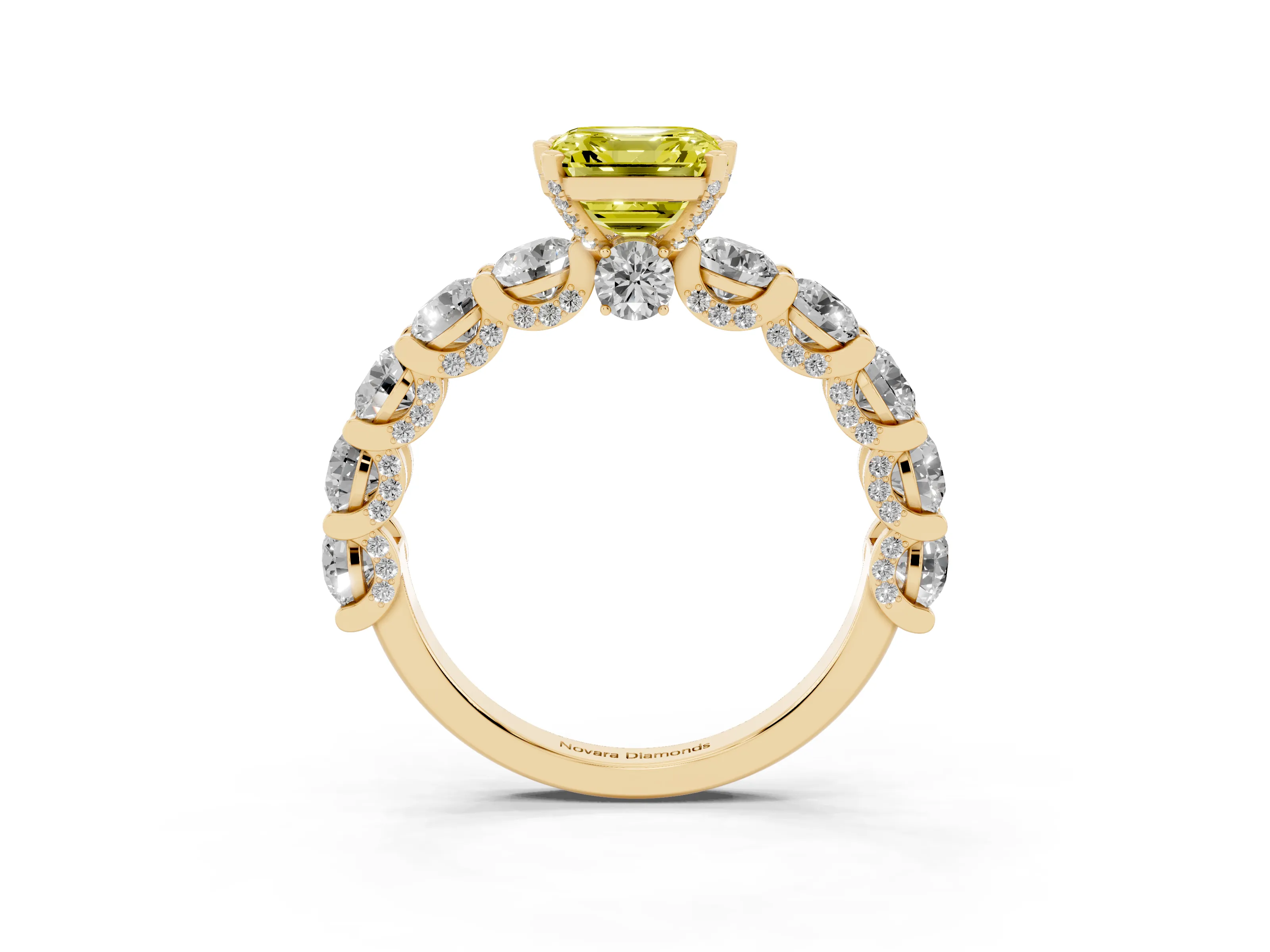 Fancy Yellow Asscher Cut Diamond Side Stone Ring Set in Yellow gold with Alternating Round and Oval Side Stones