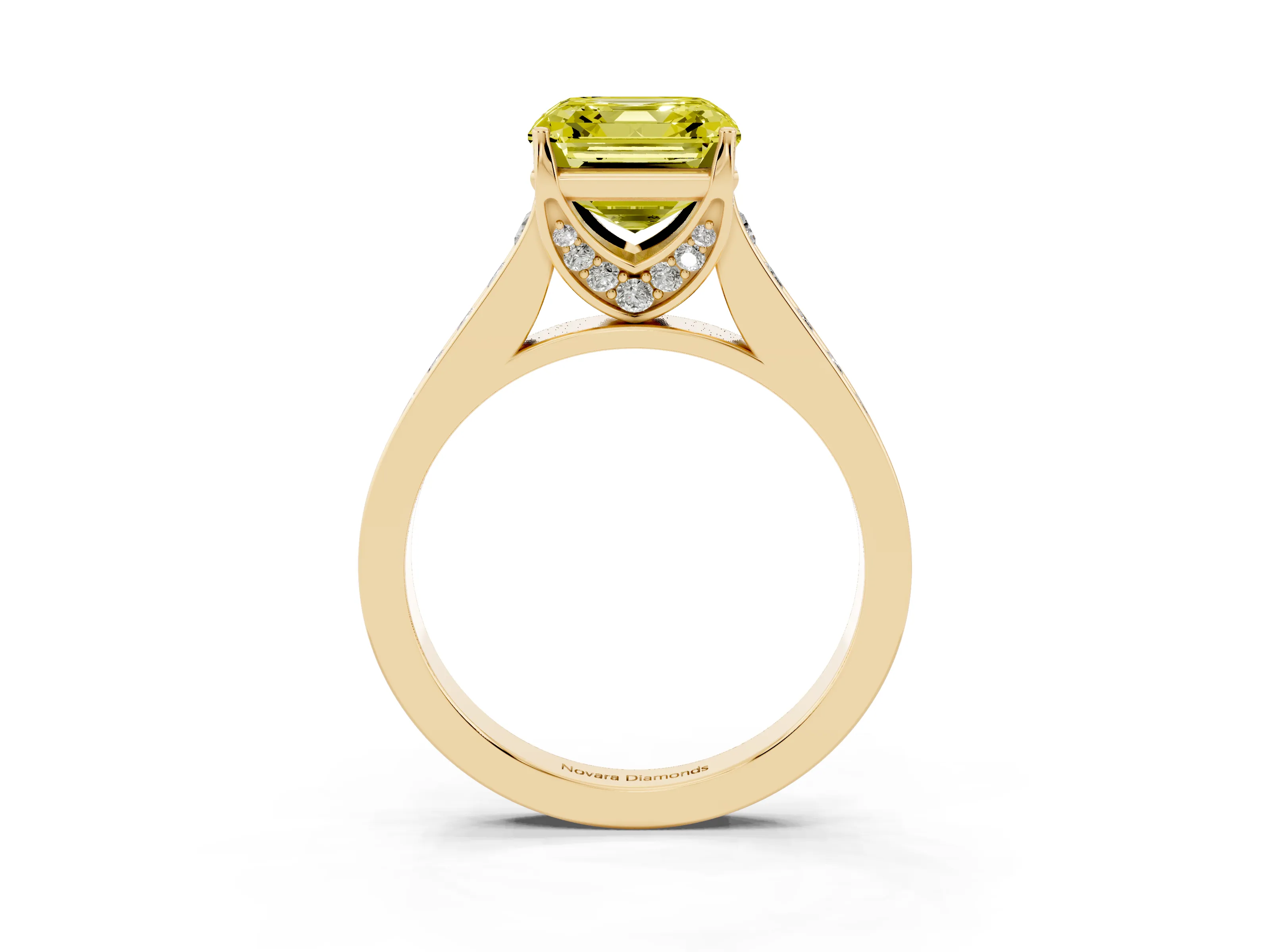 Fancy Yellow Asscher Cut Diamond Solitaire Pavé Engagement Ring Set in Yellow gold with Prong Setting