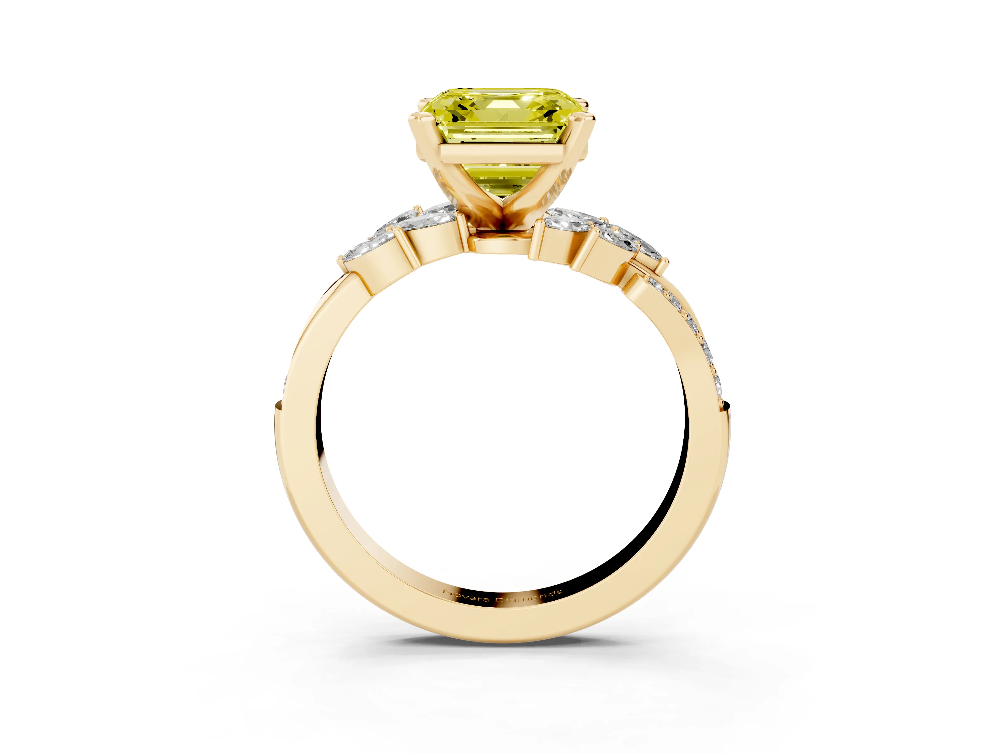 Fancy Yellow Asscher Cut Diamond Solitaire Ring Set in Yellow gold with Marquise Twist Band and Prong Setting