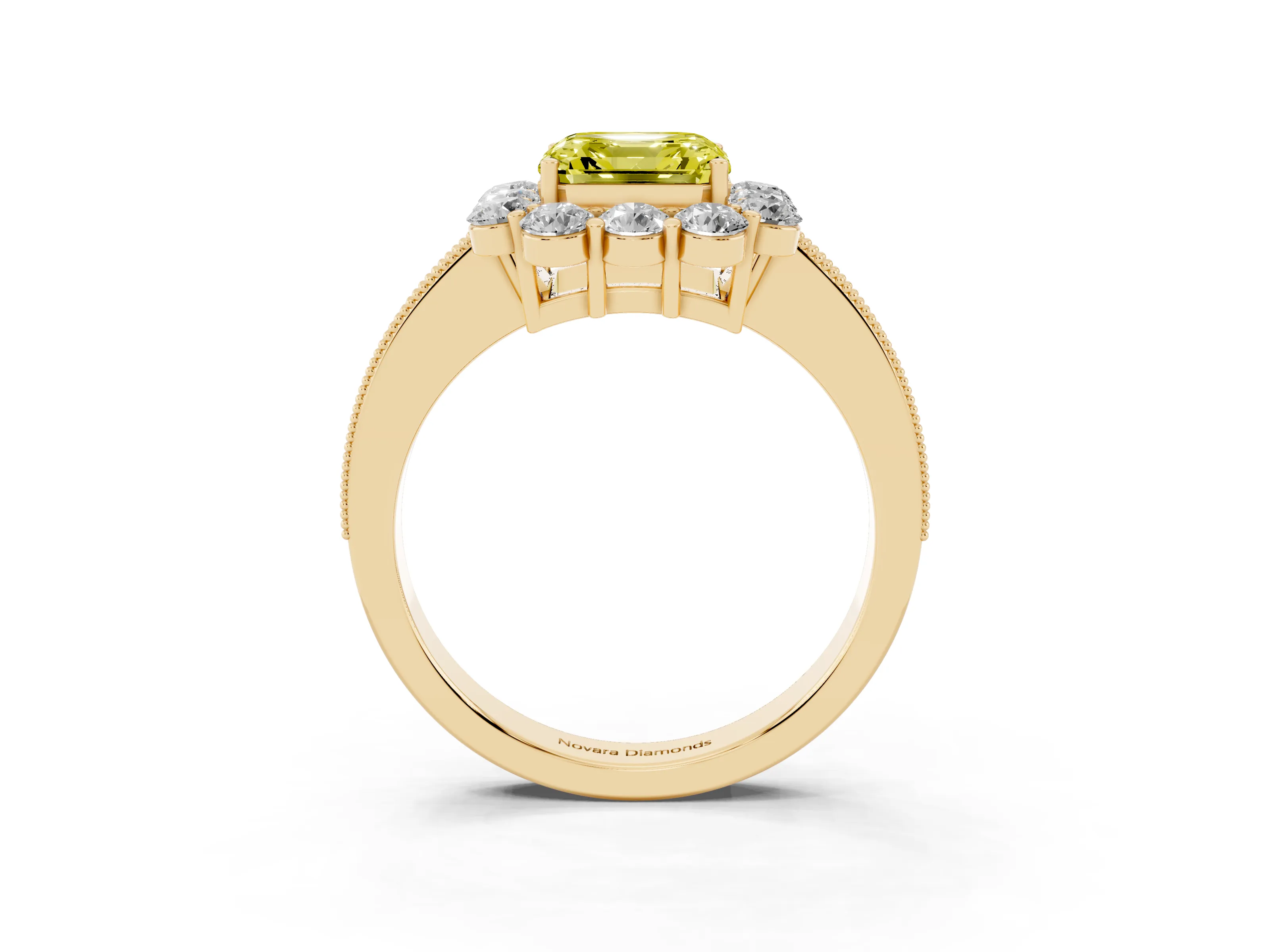 Fancy Yellow Asscher Cut Diamond Halo Pavé Engagement Ring Set in Yellow gold with Milgrain Detailing
