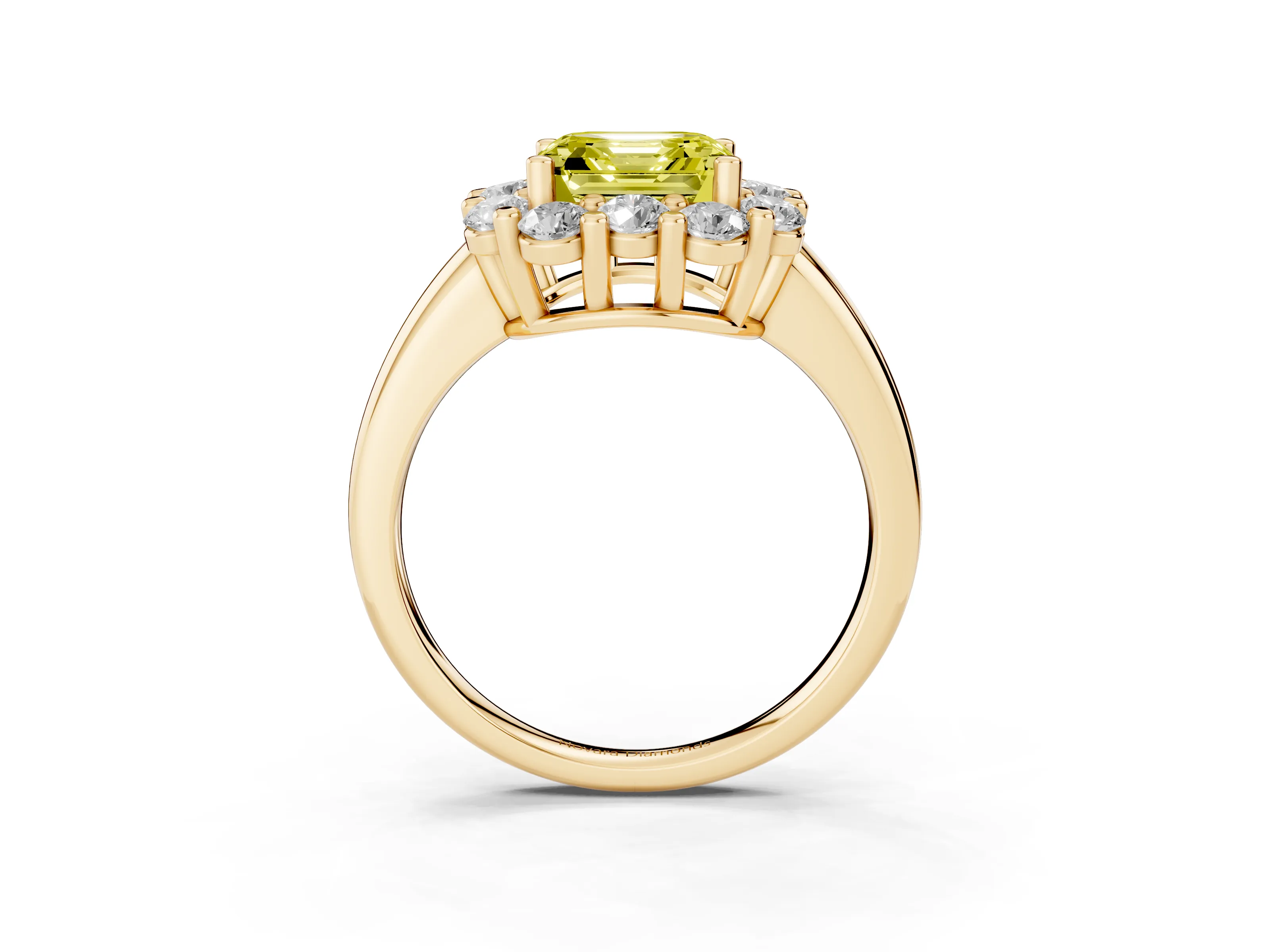 Fancy Yellow Asscher Cut Diamond Halo Cluster Engagement Ring Set in Yellow gold with Polished Band and Prong Setting