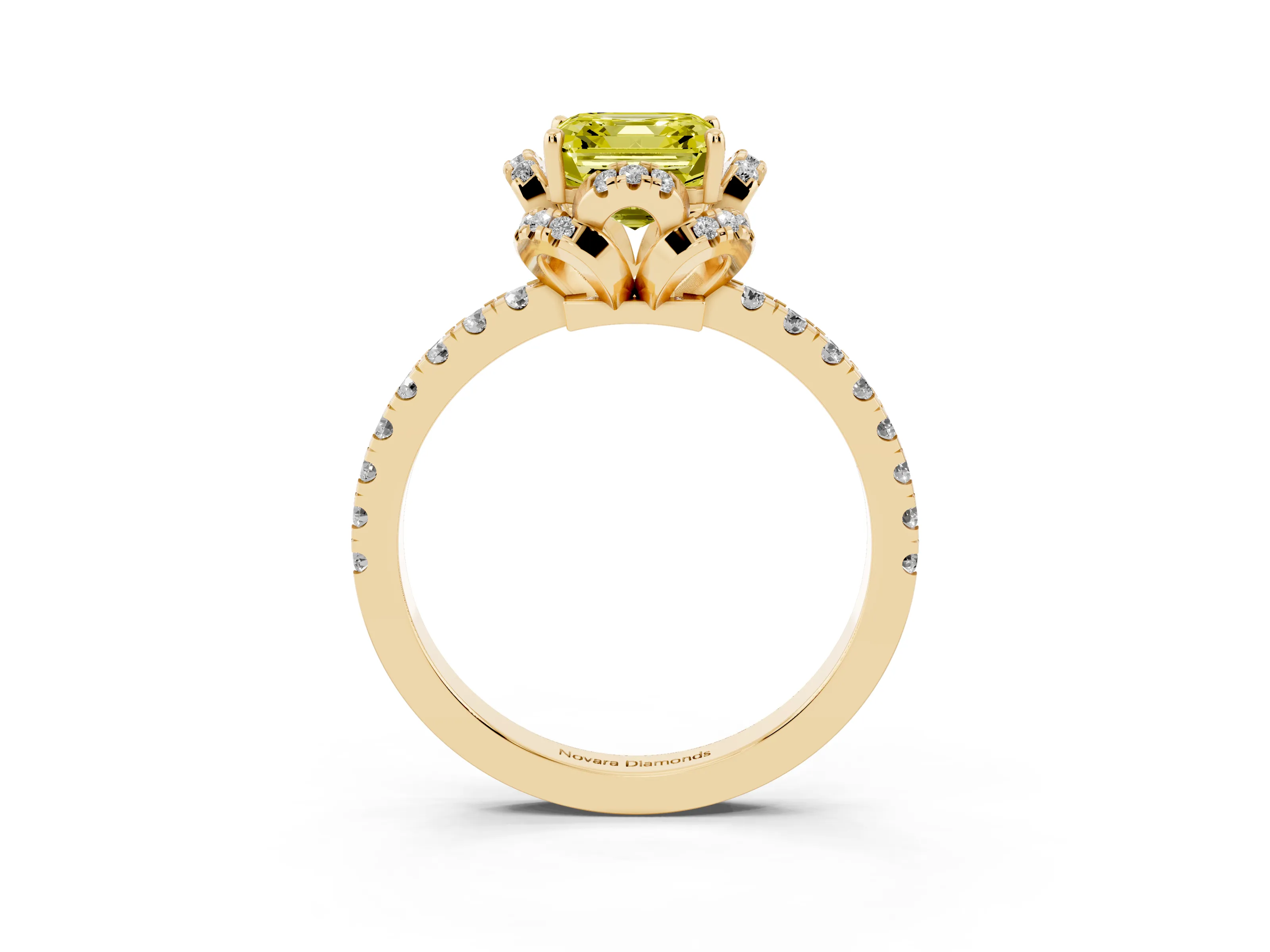 Fancy Yellow Asscher Cut Diamond Halo Pavé Band Ring Set in Yellow gold with Prong-Held Center