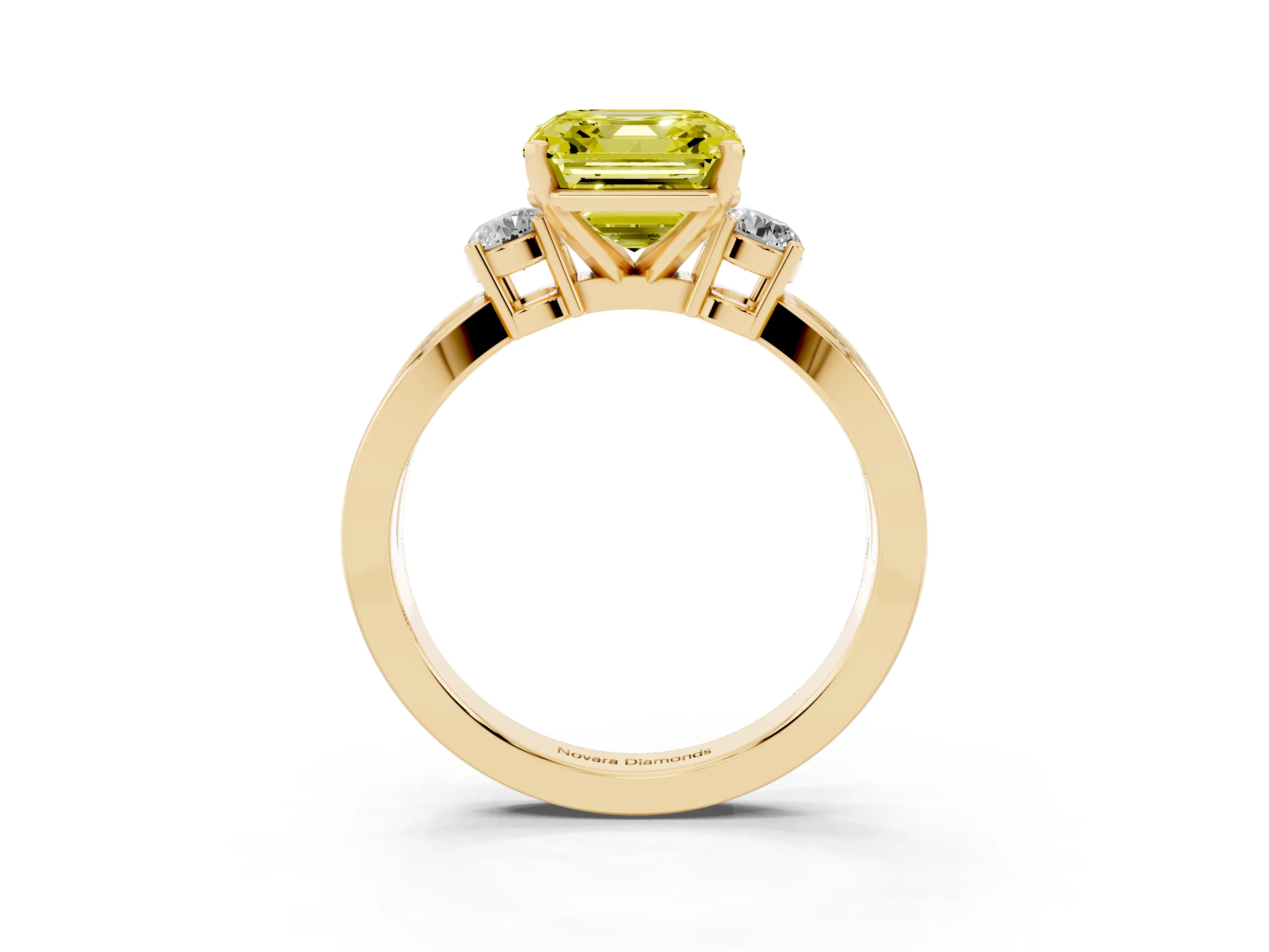 Fancy Yellow Three-Stone Asscher Cut Diamond Twist Band Ring Set in Yellow gold with Pavé Accents and Prong Setting