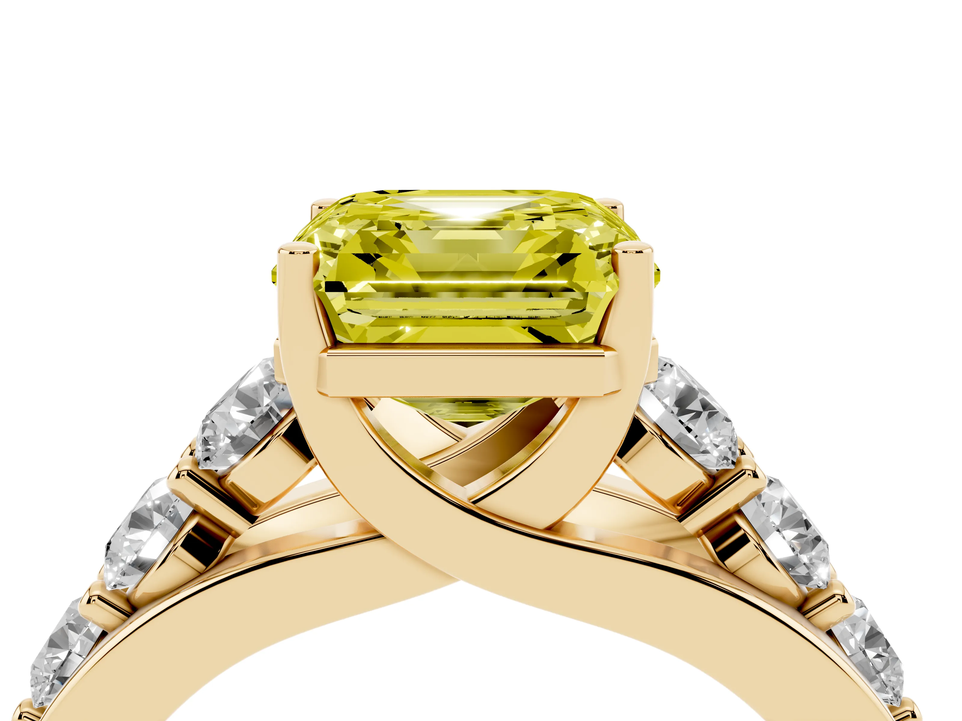 Fancy Yellow Asscher Cut Diamond Pavé Engagement Ring Set in Yellow gold with Prong Setting