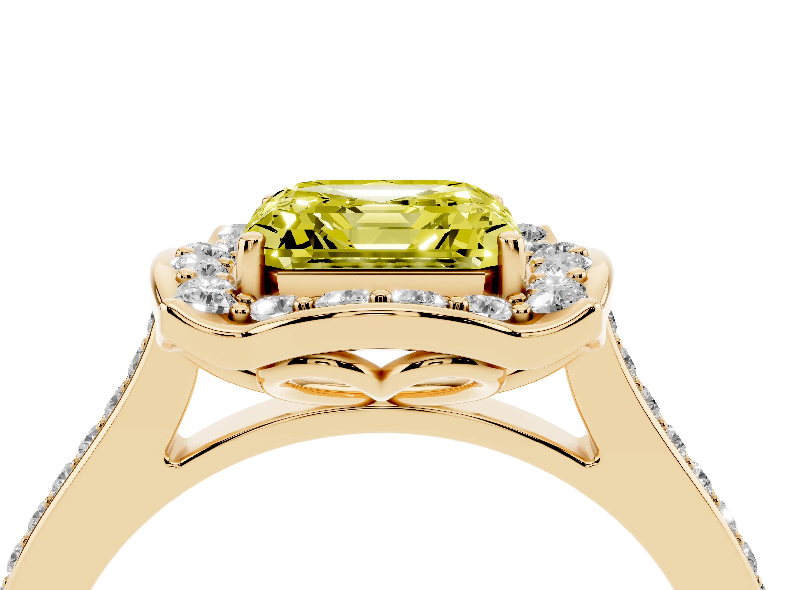 Fancy Yellow Asscher Cut Diamond Halo Ring Set in Yellow gold with Pavé-Lined Shoulders and Prong Setting