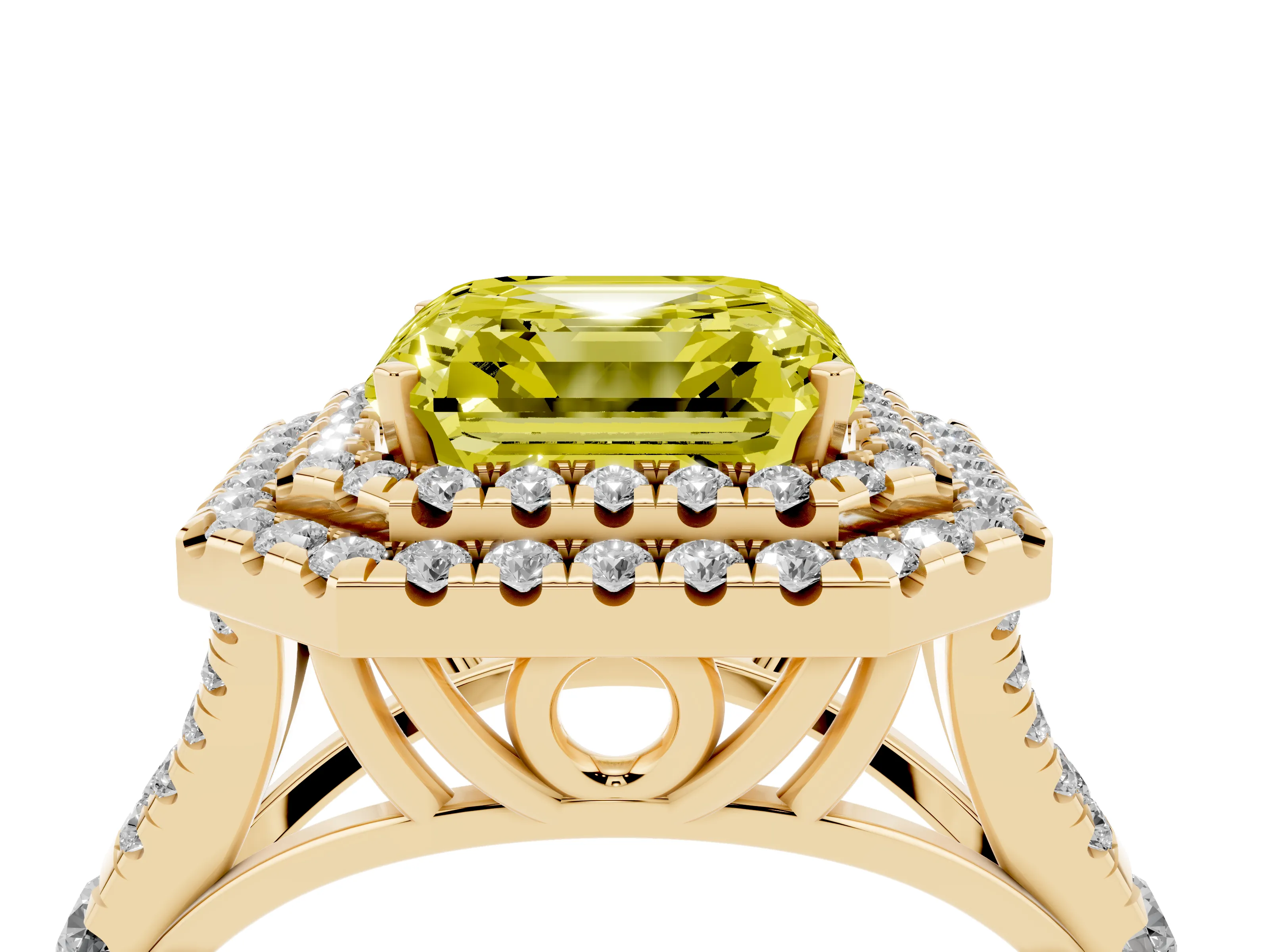 Fancy Yellow Asscher Cut Diamond Pavé Split Shank Double Halo Engagement Ring Set in Yellow gold