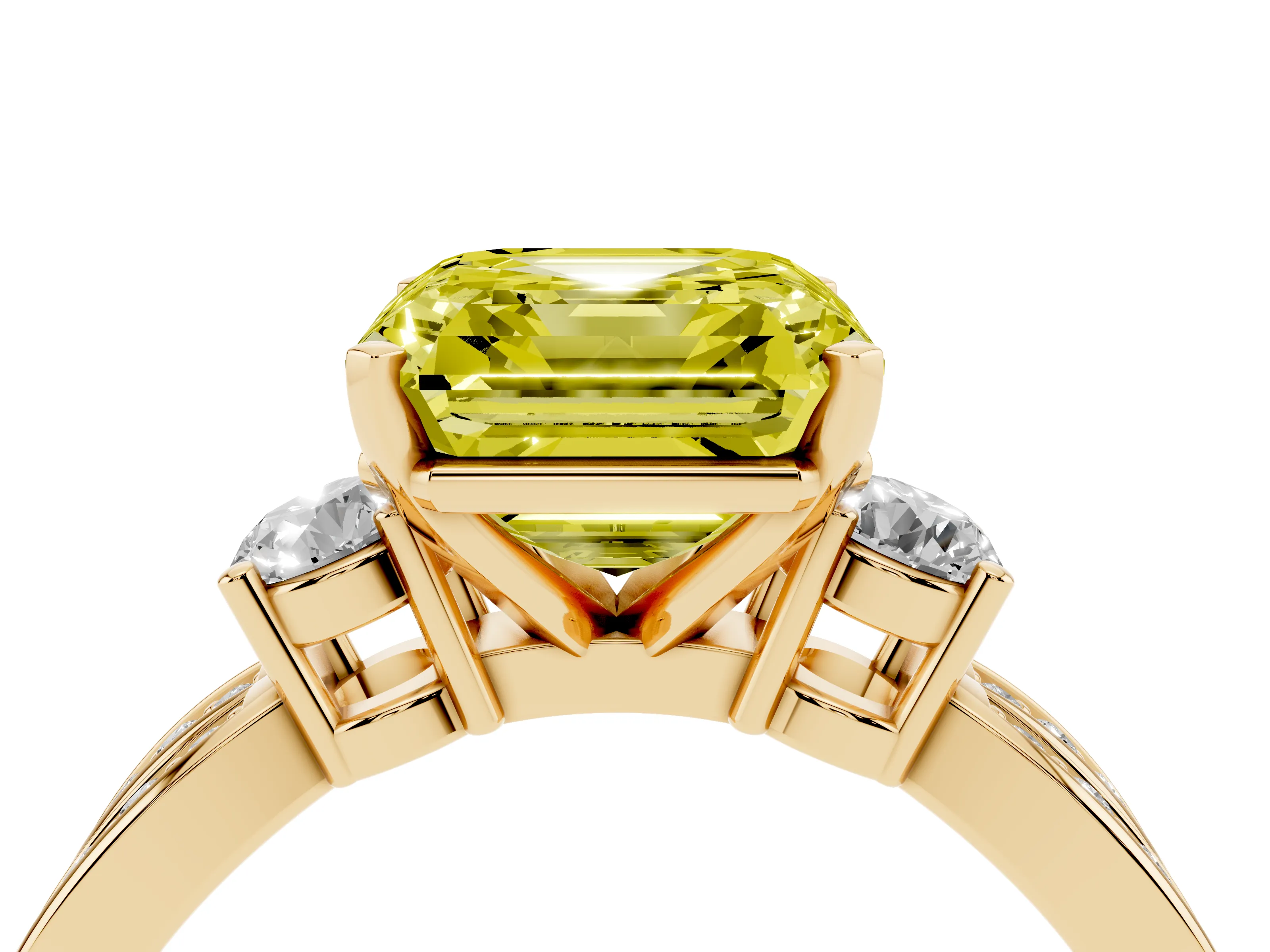 Fancy Yellow Three-Stone Asscher Cut Diamond Twist Band Ring Set in Yellow gold with Pavé Accents and Prong Setting