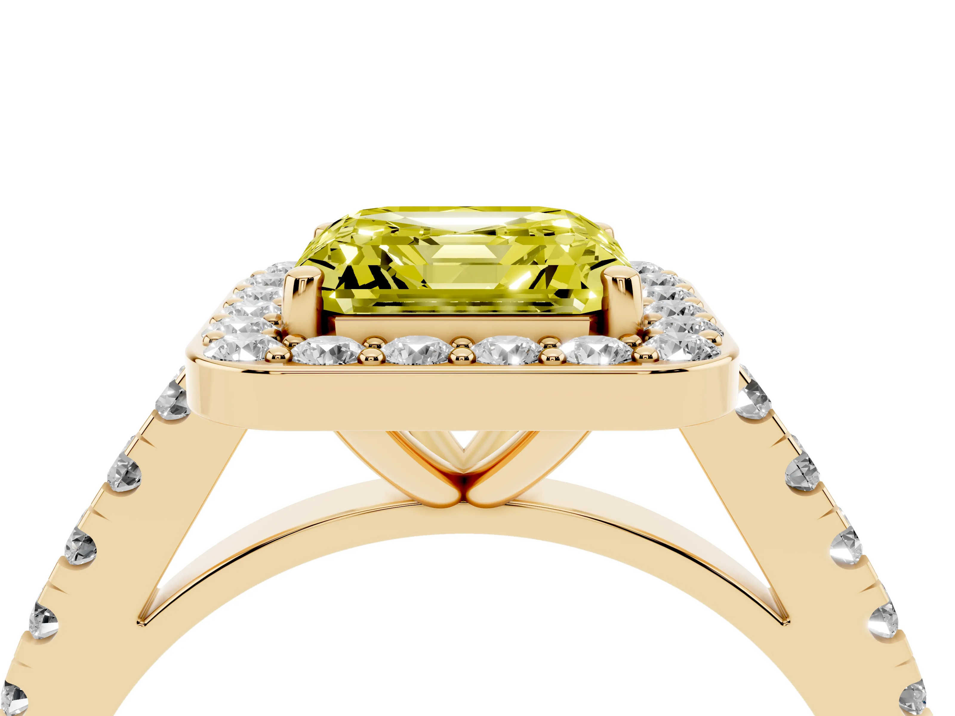 Fancy Yellow Asscher Cut Diamond Halo Ring Set in Yellow gold with Round Pavé Split Shank and Prong Setting