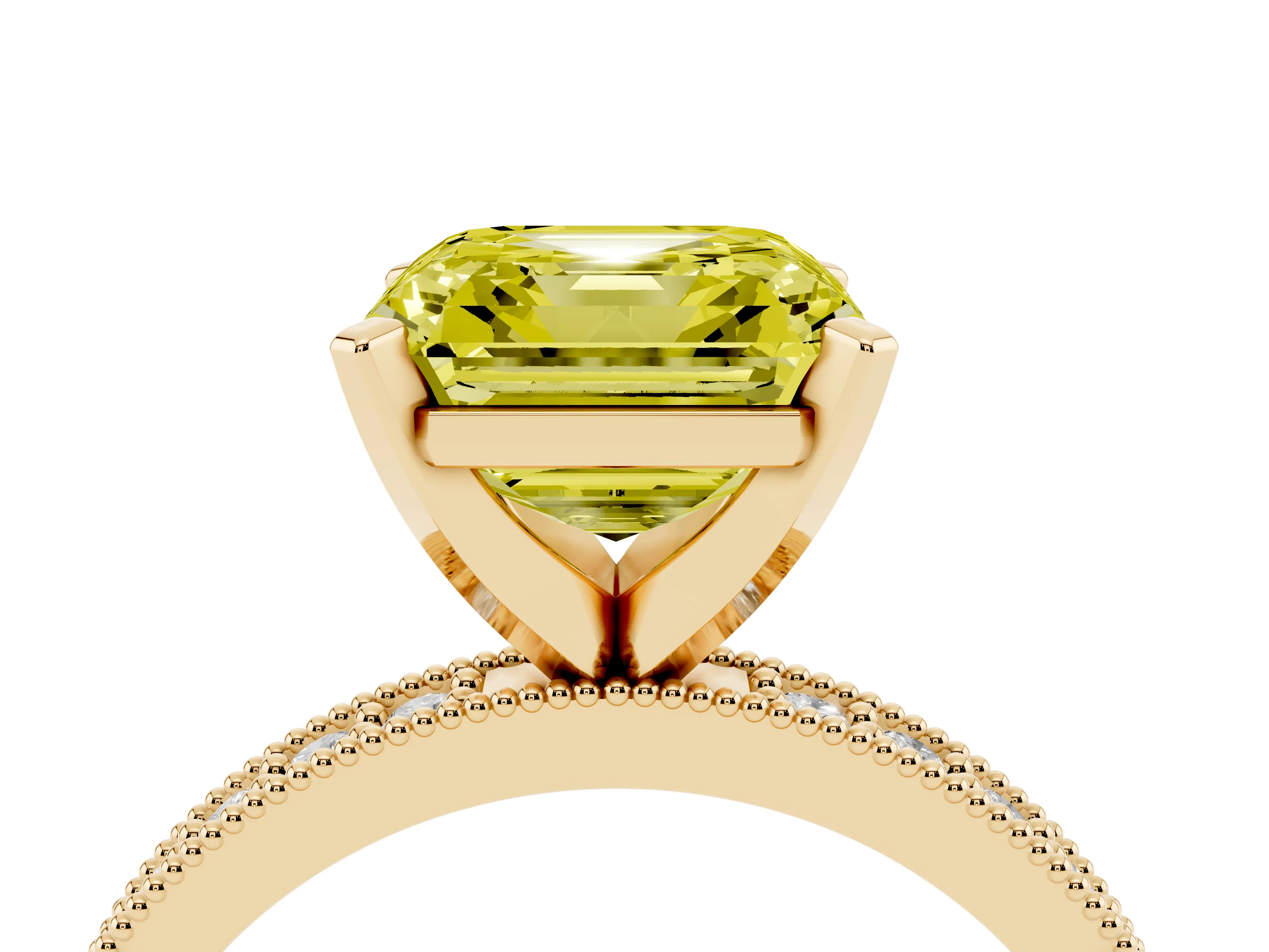 Fancy Yellow Asscher Cut Diamond Milgrain Pavé Engagement Ring Set in Yellow gold with Prong Setting