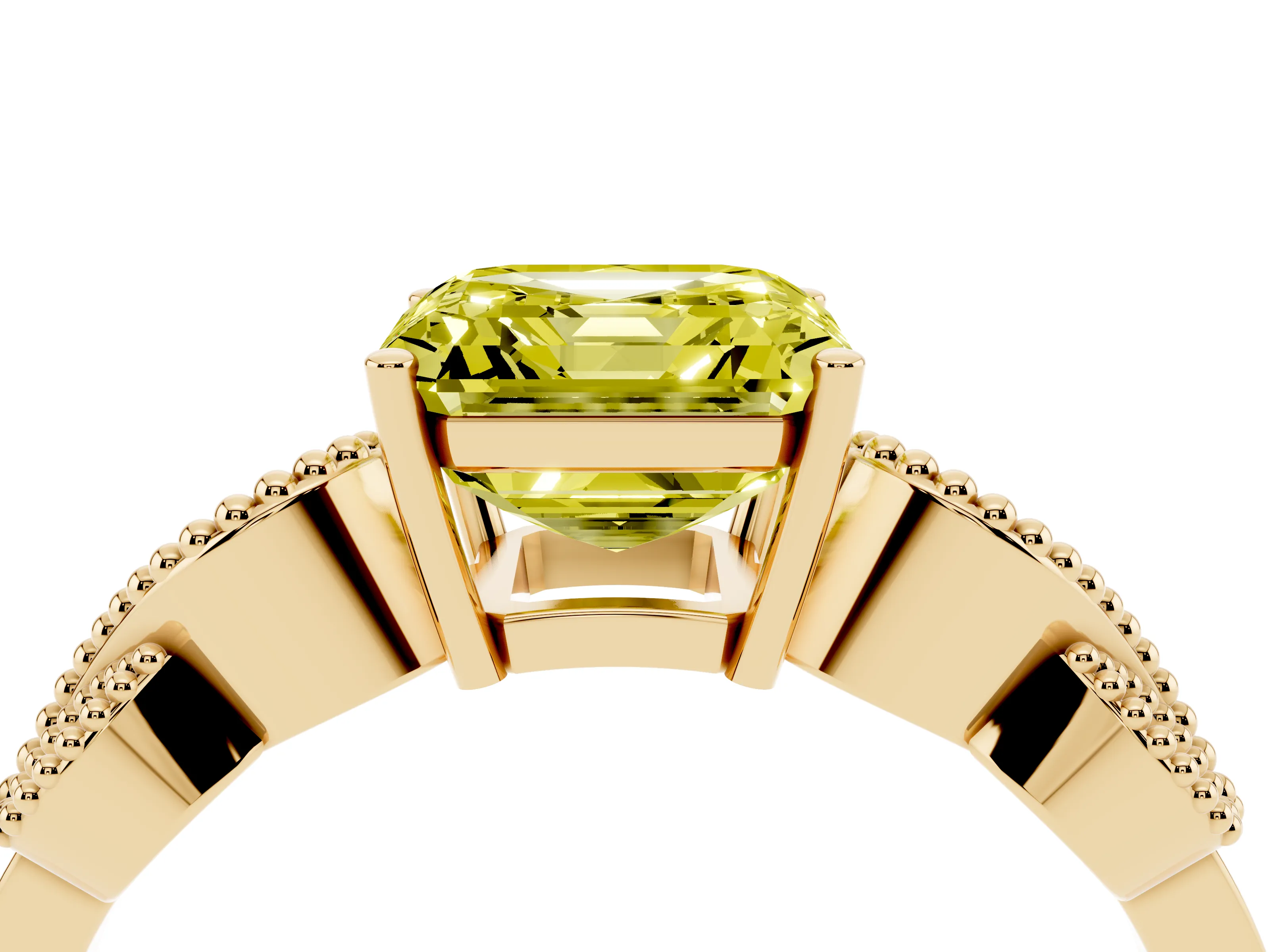Fancy Yellow Asscher Cut Diamond Milgrain Leaf Band Solitaire Ring Set in Yellow gold with Accent Stones and Prong Setting