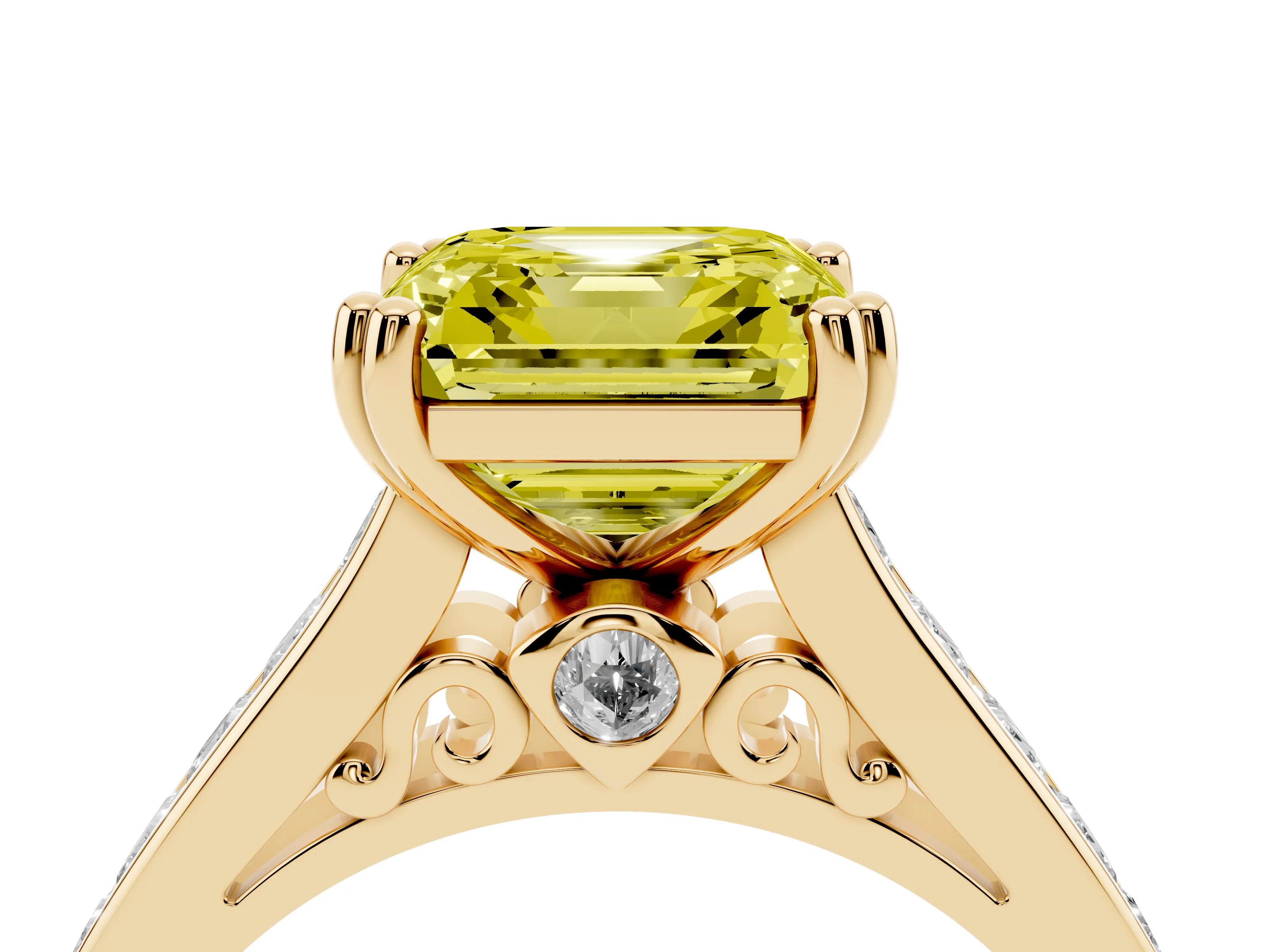 Fancy Yellow Asscher Cut Diamond Channel Set Solitaire Engagement Ring Set in Yellow gold with Prong Setting