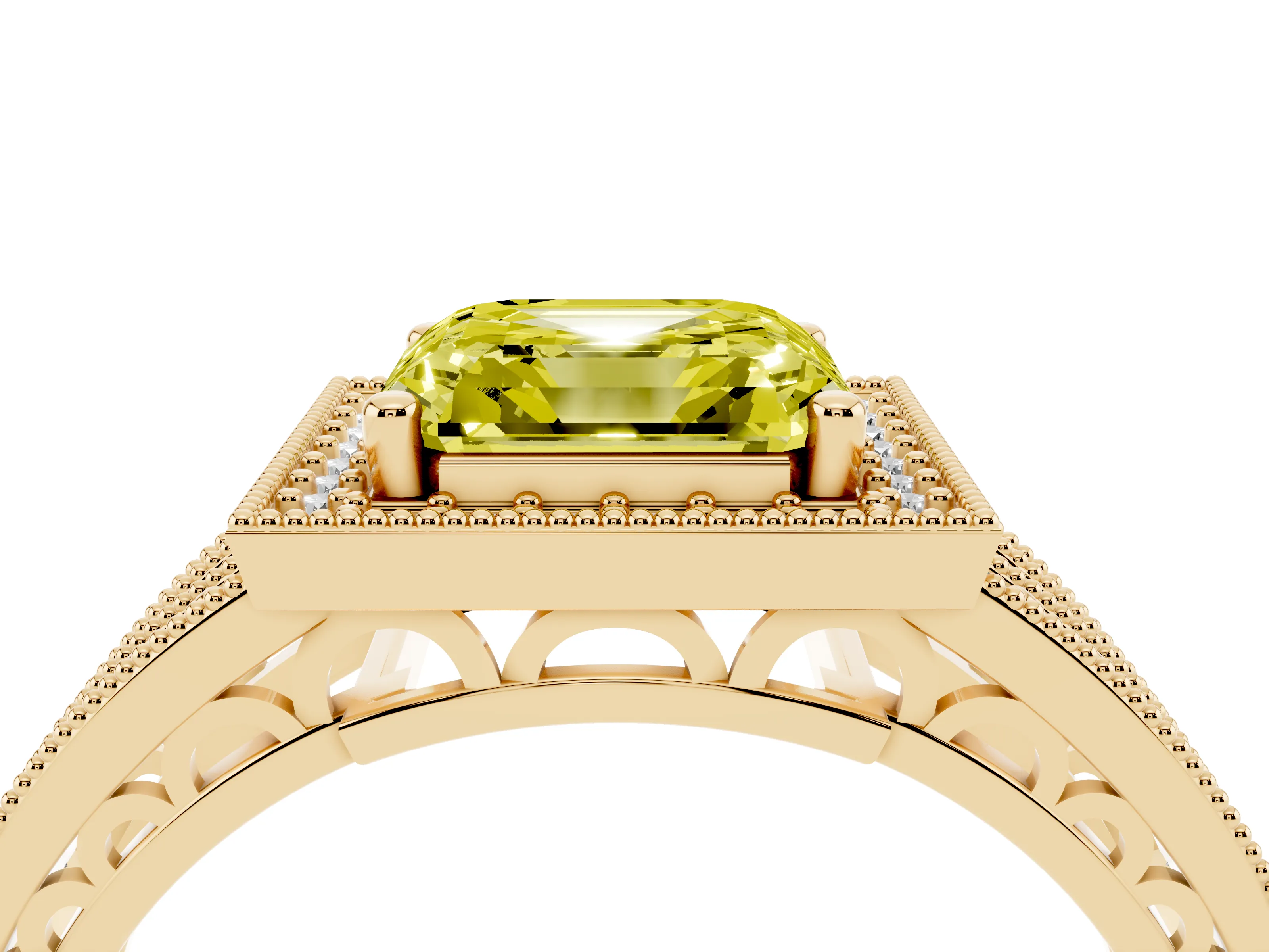 Fancy Yellow Asscher Cut Diamond Halo Ring Set in Yellow gold with Accent Split Shank and Prong Setting